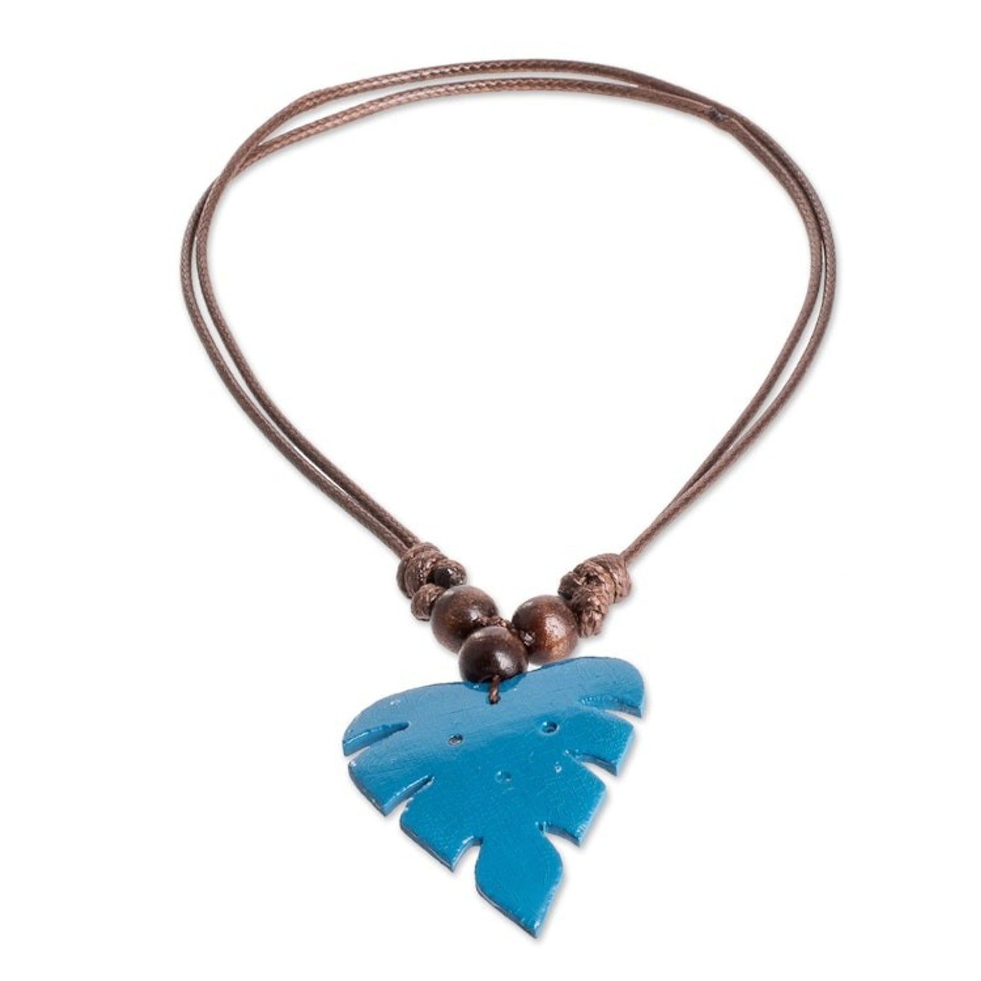 Leafy Blue Calabash Gourd Pendant Necklace with Wood Beads 'Jungle Blue'