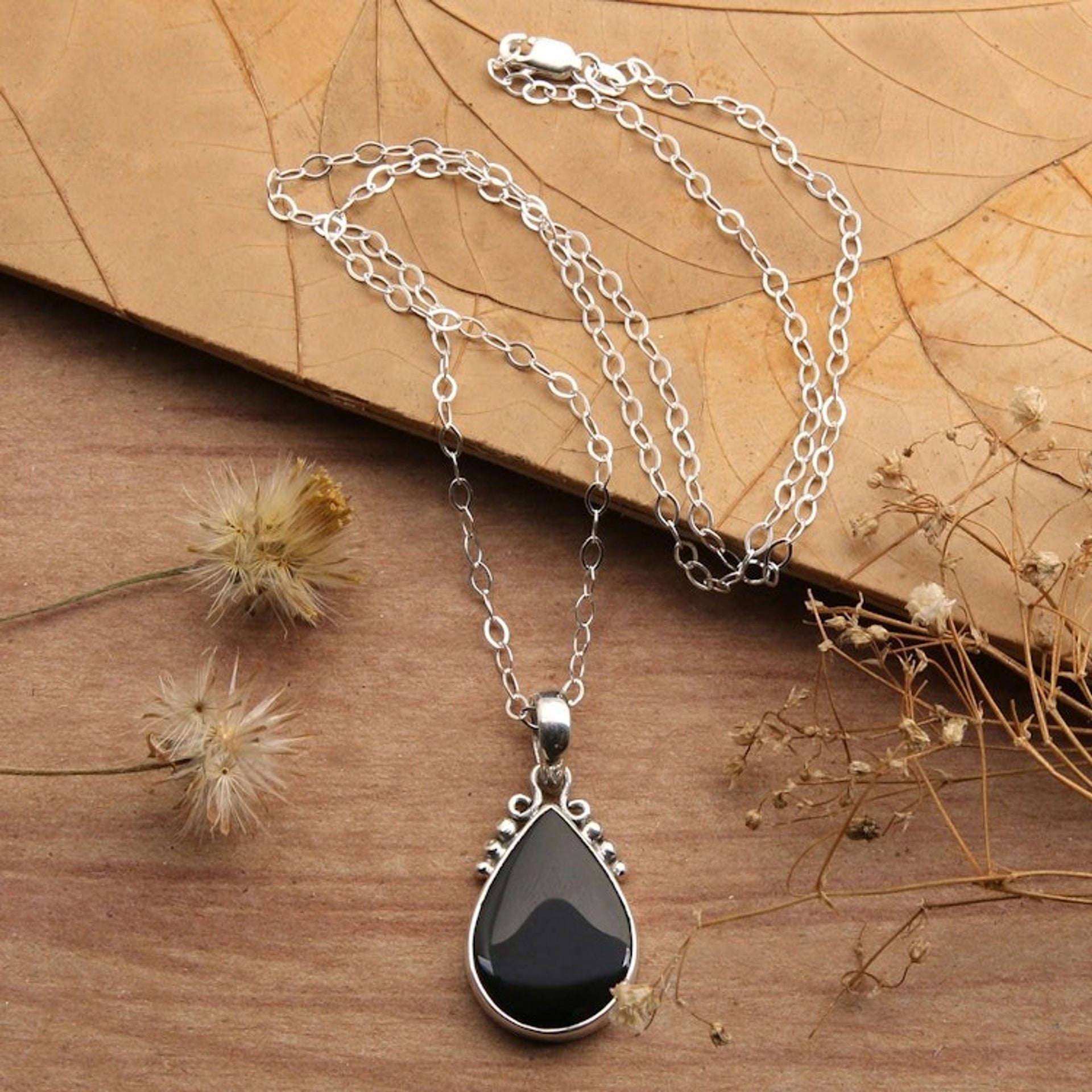 Sterling Silver Onyx Pendant Necklace with Dot Accents 'Snowy Night'