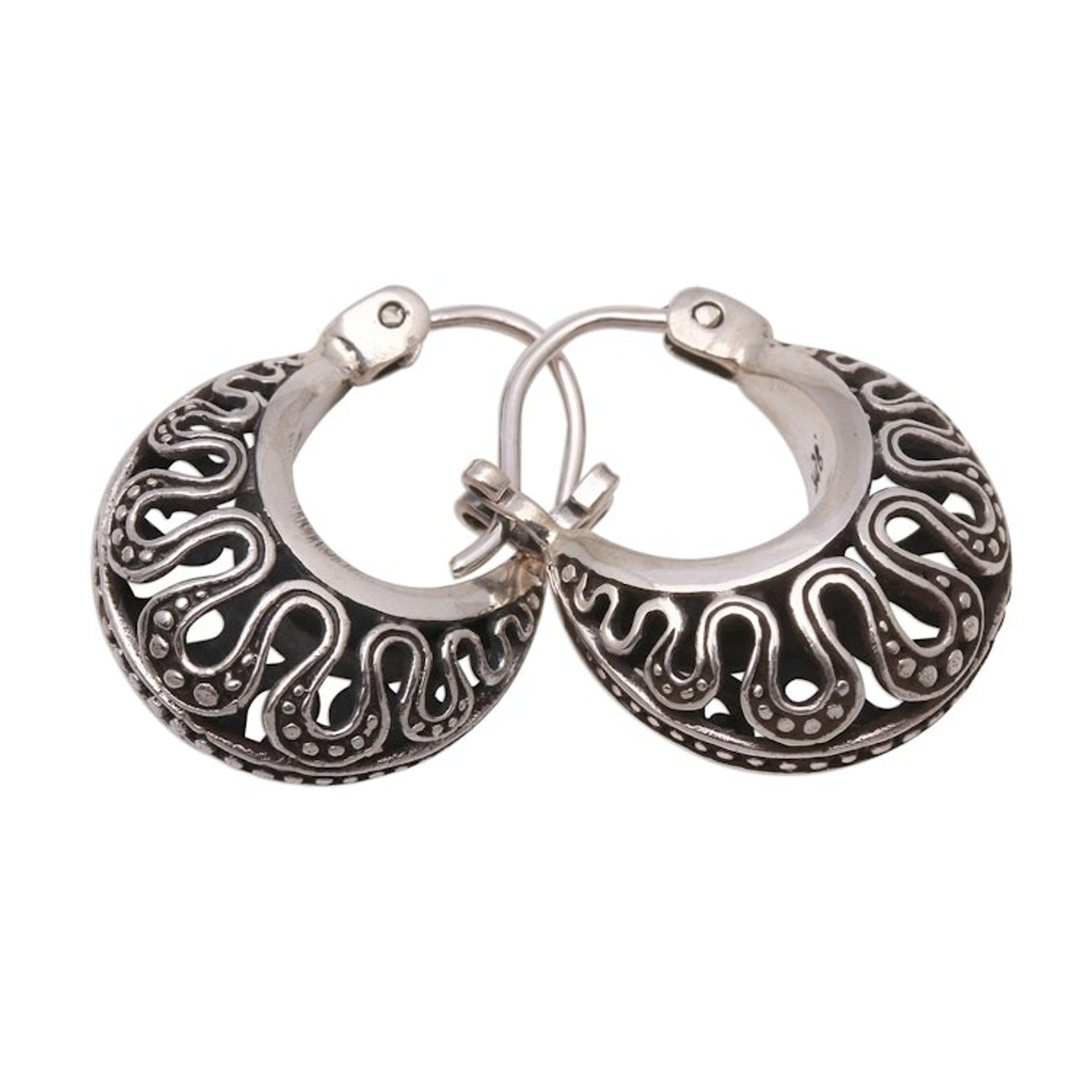 Wavy Pattern Sterling Silver Hoop Earrings from Bali 'Snaking Baskets'