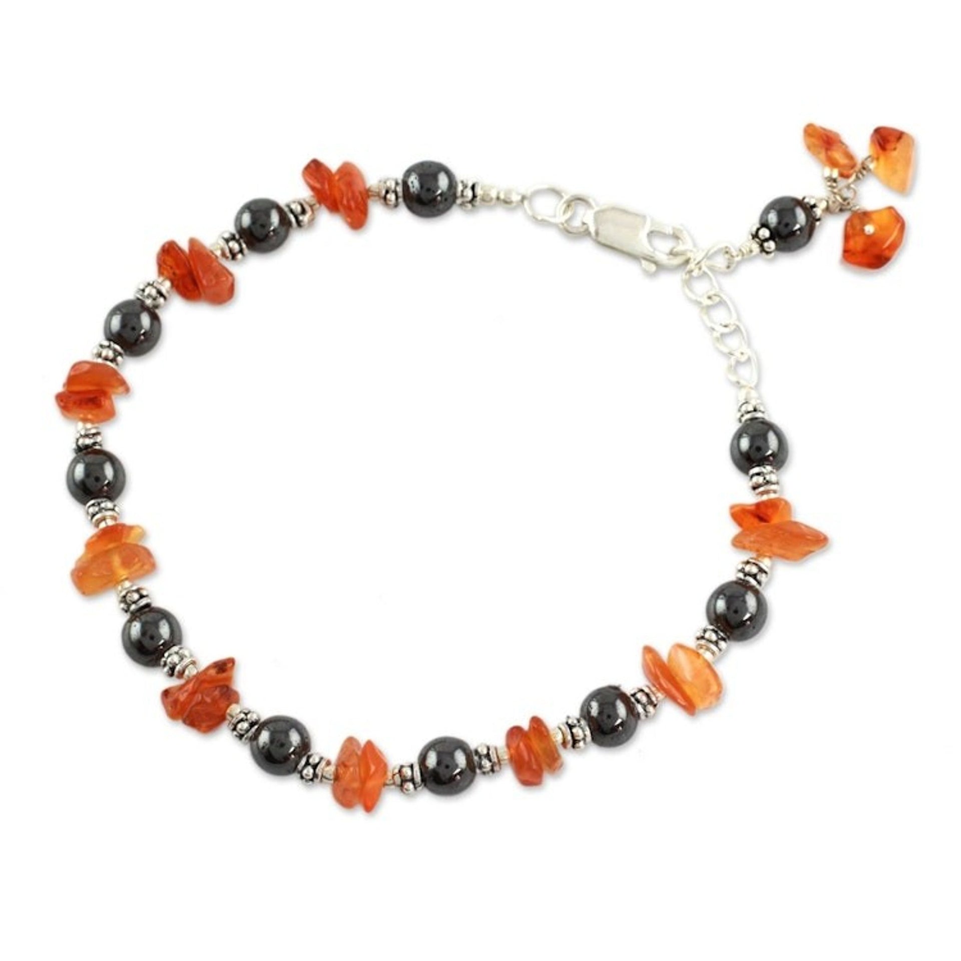 Artisan Crafted Silver Hematite and Carnelian Bracelet 'Night Fire'