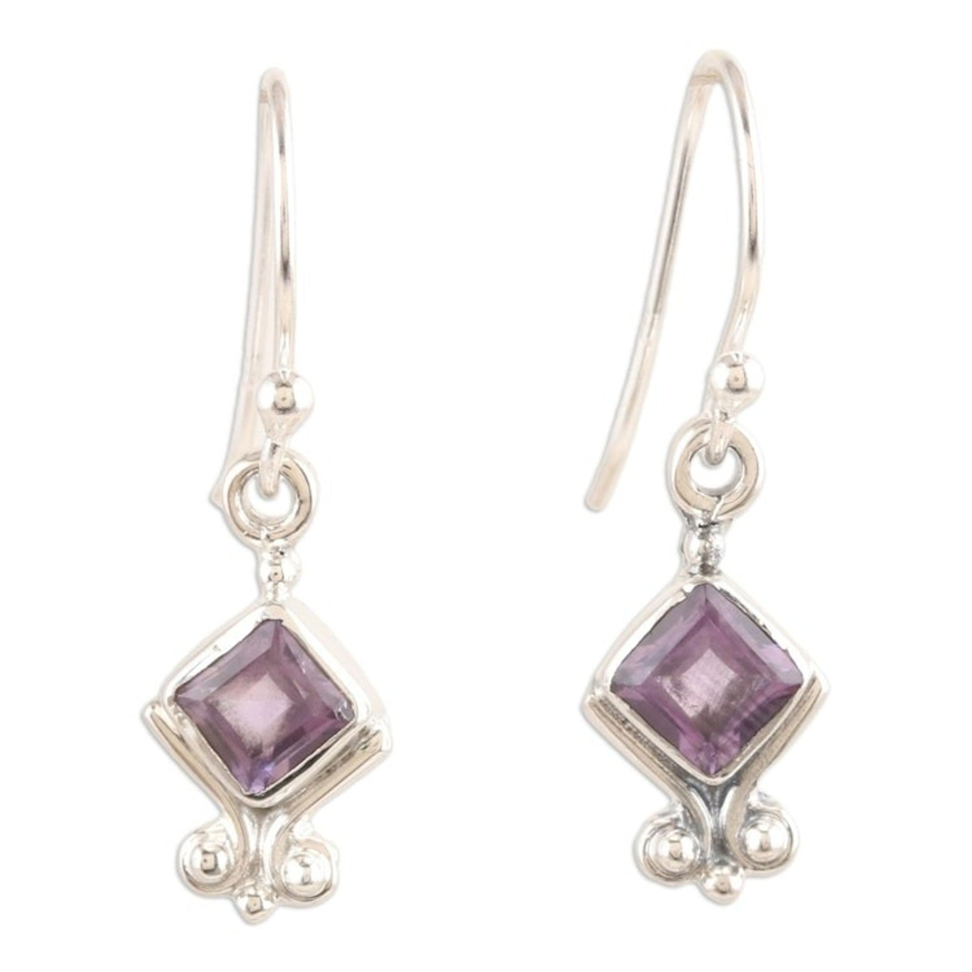 Sterling Silver Dangle Earrings with Faceted Amethyst Stones 'Adorable Wisdom'