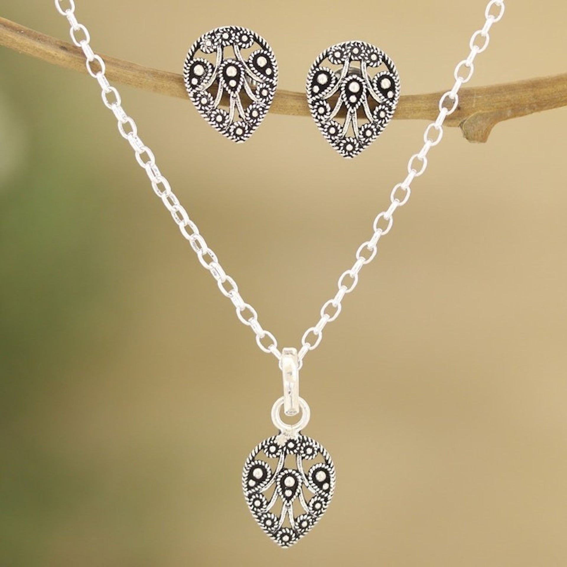 Earrings and Pendant Necklace Sterling Silver Jewelry Set 'Autumn Leaves'