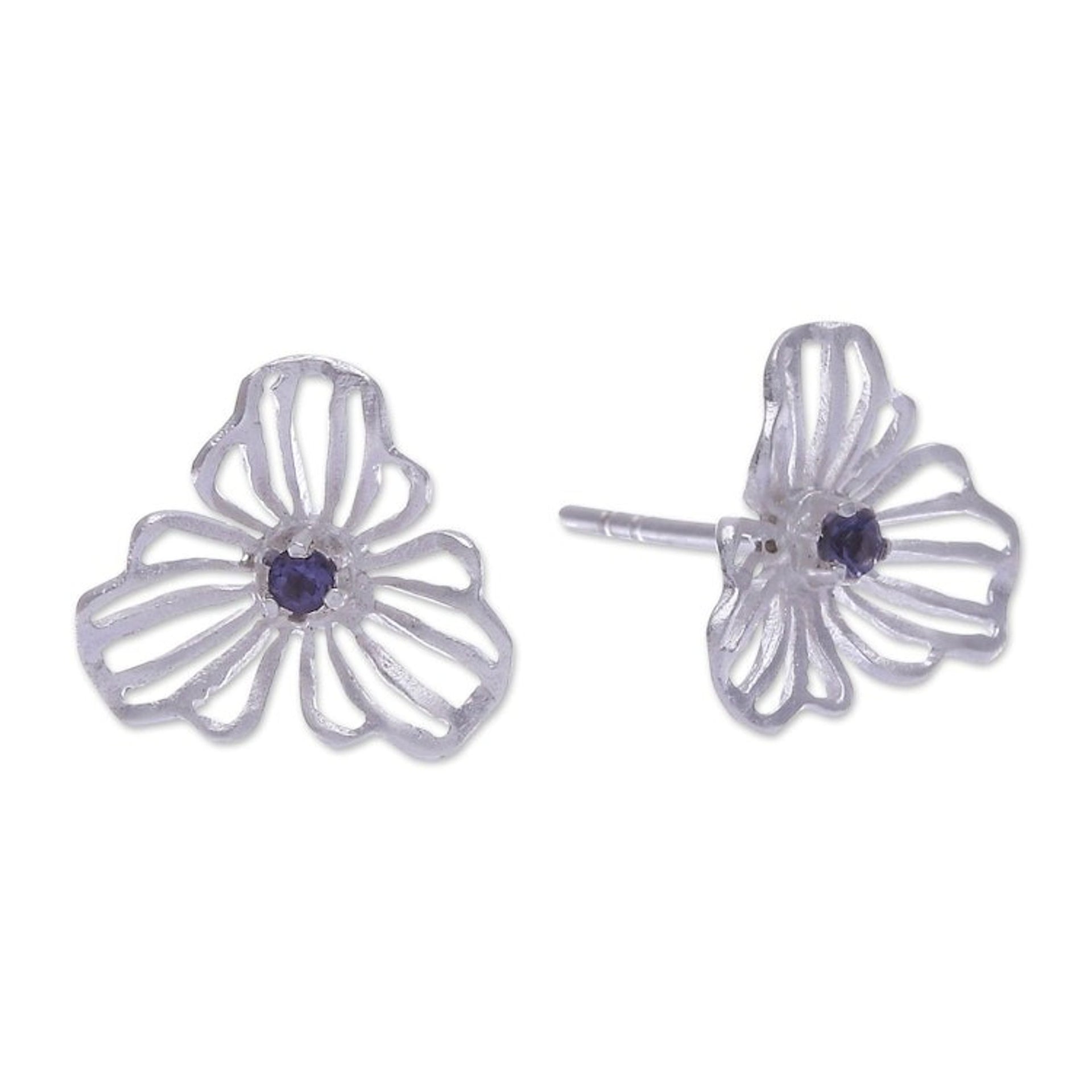 Floral Openwork Sterling Silver Iolite Button Earrings 'Admiration Bloom'