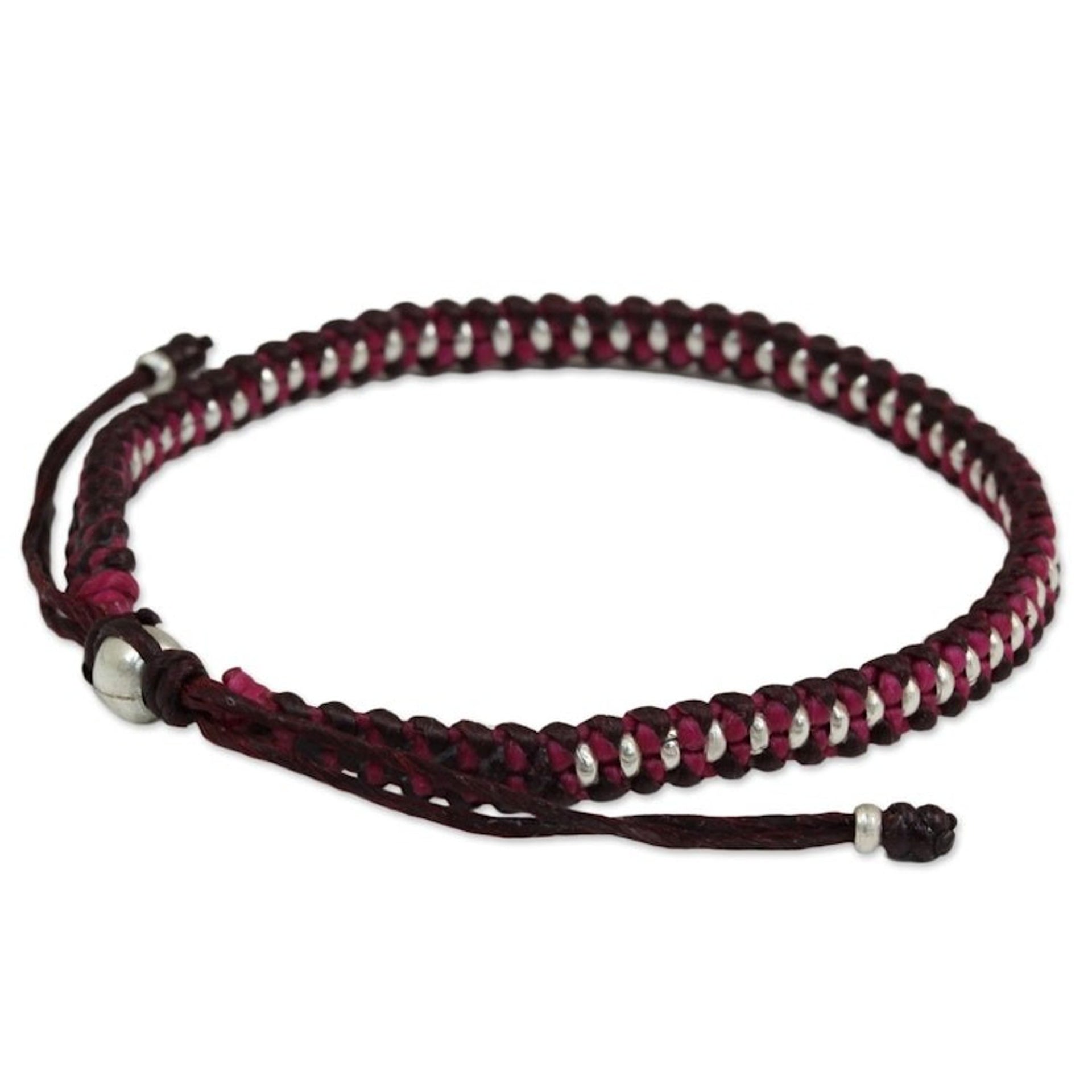 Artisan Crafted Braided Bracelet with Silver Beads 'Bringing Friendship in Magenta'
