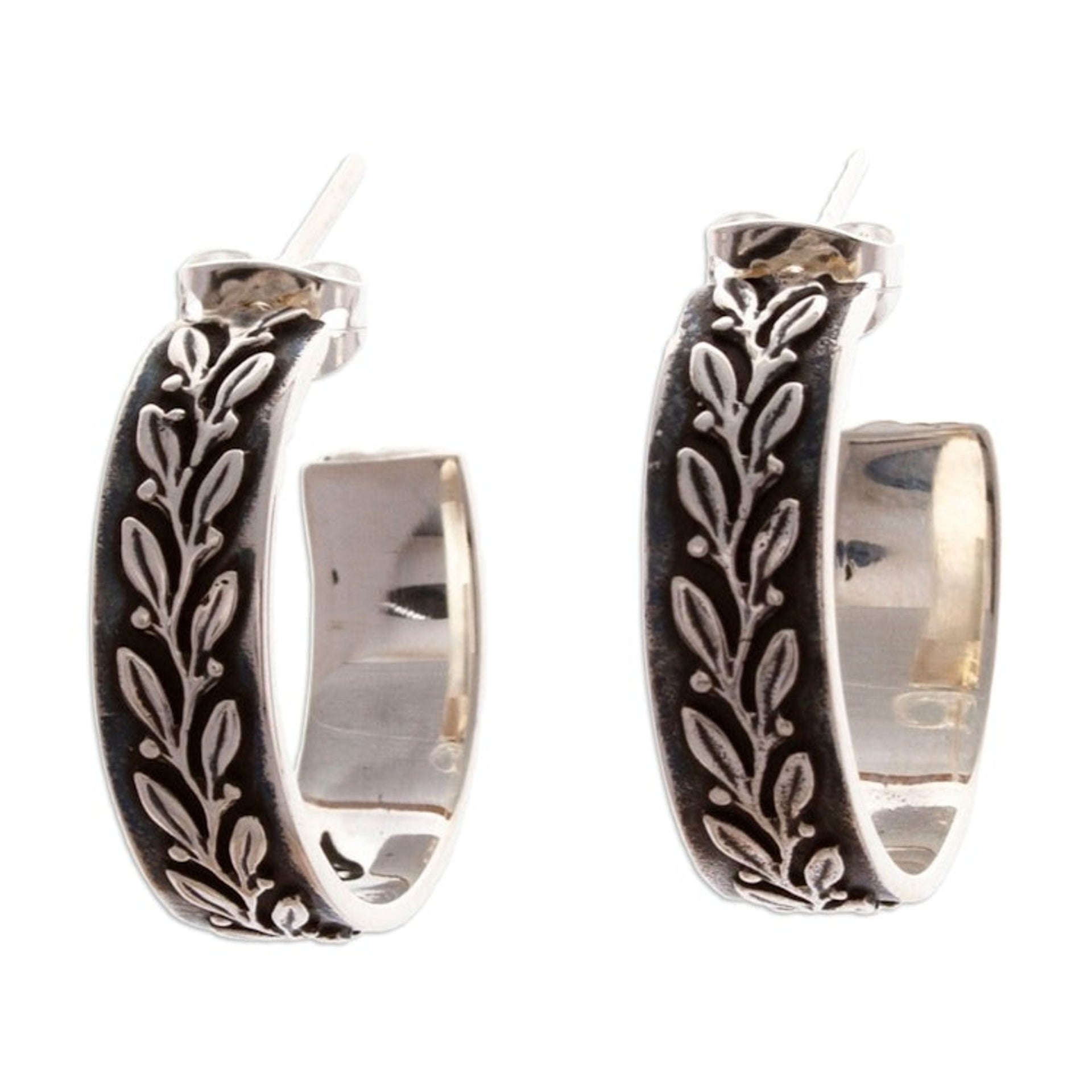 Oxidized Leafy Embossed Taxco Silver Half-Hoop Earrings 'Ode to Nature'