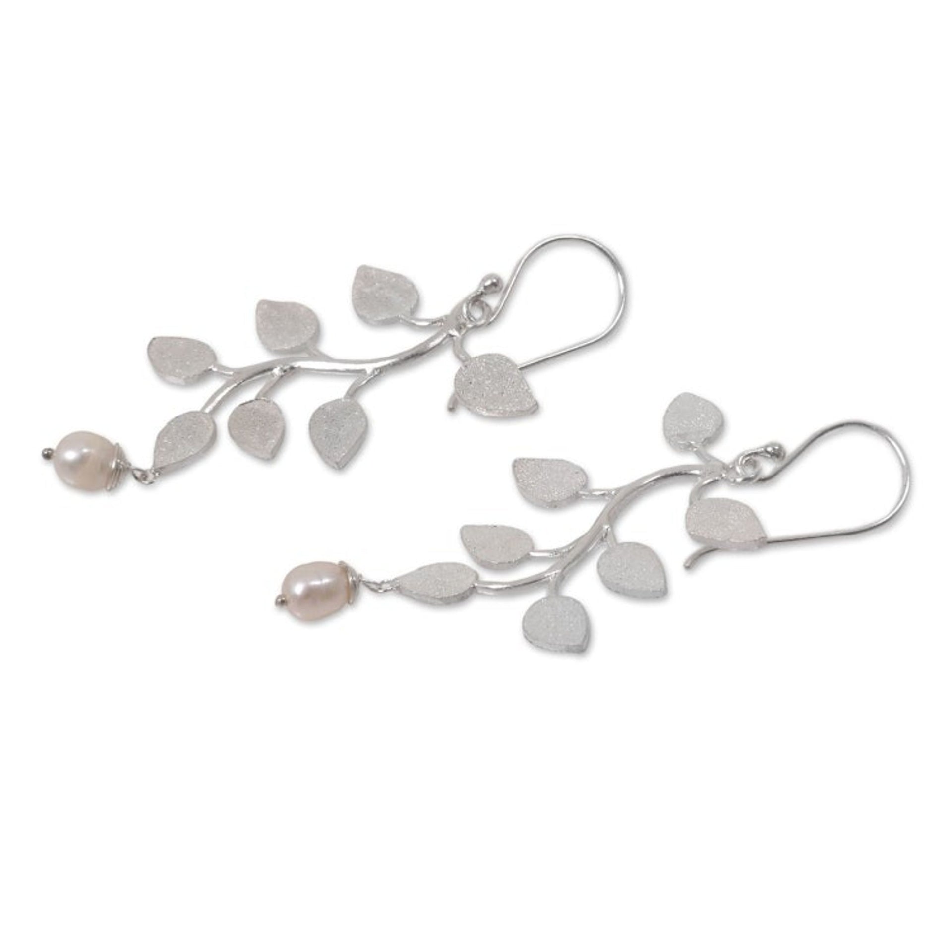 Indonesian Sterling Silver Cultured Pearl Dangle Earrings 'White Forest'