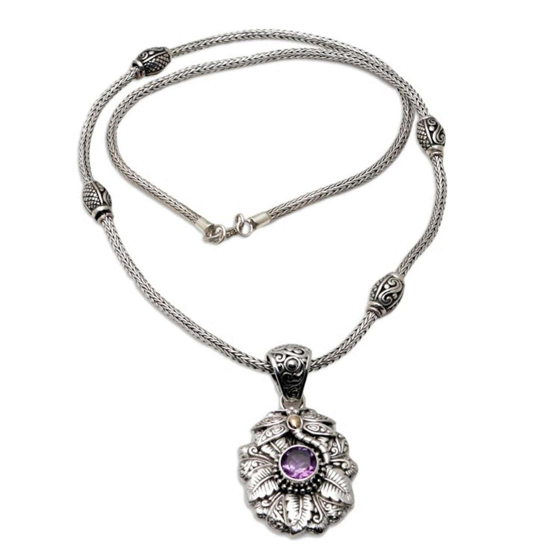 18k-Gold Accented Amethyst Pendant Necklace with Dragonfly 'Dragonfly's Purple Paradise'