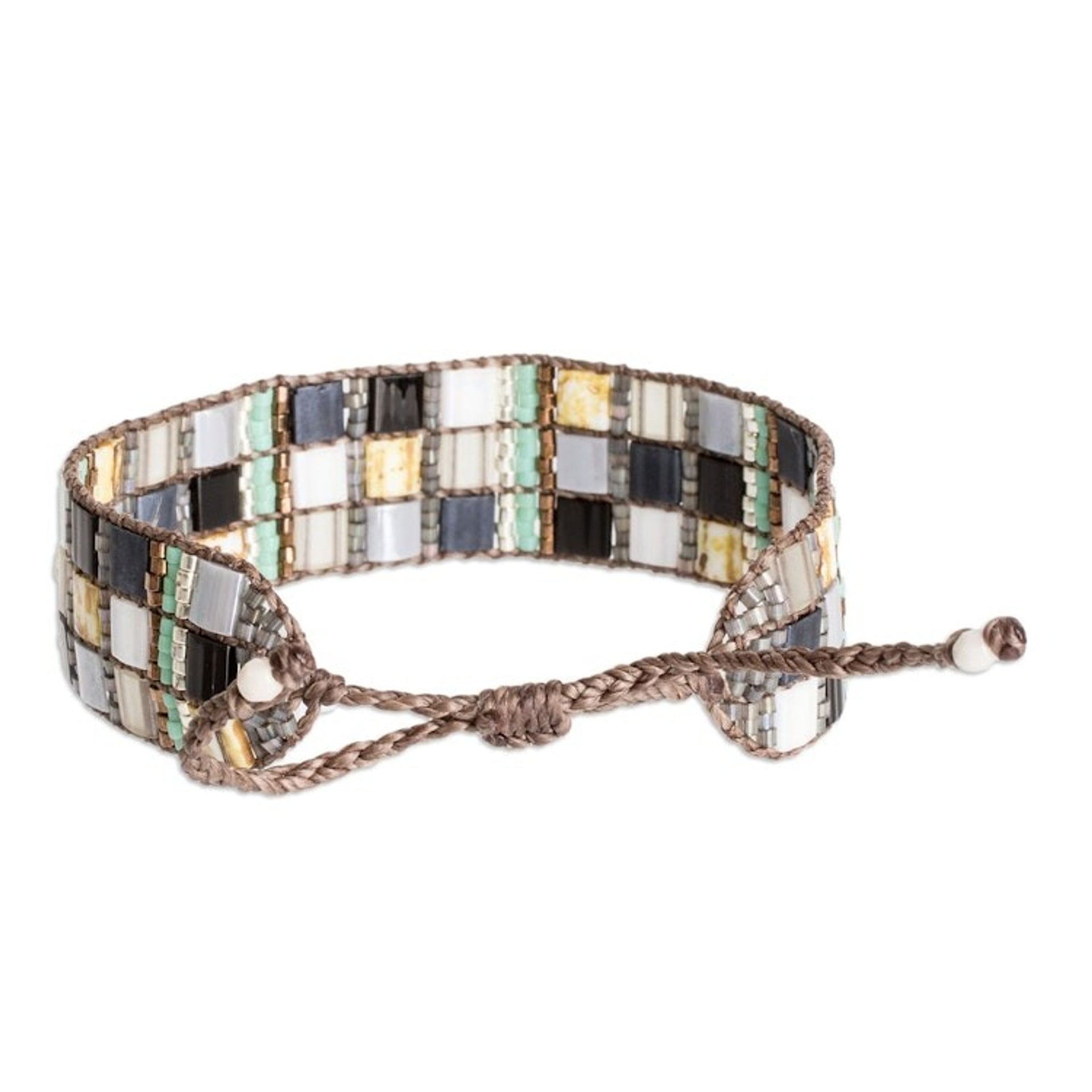 Adjustable Black Grey Mosaic Glass Beaded Wristband Bracelet 'Regal Reflections'