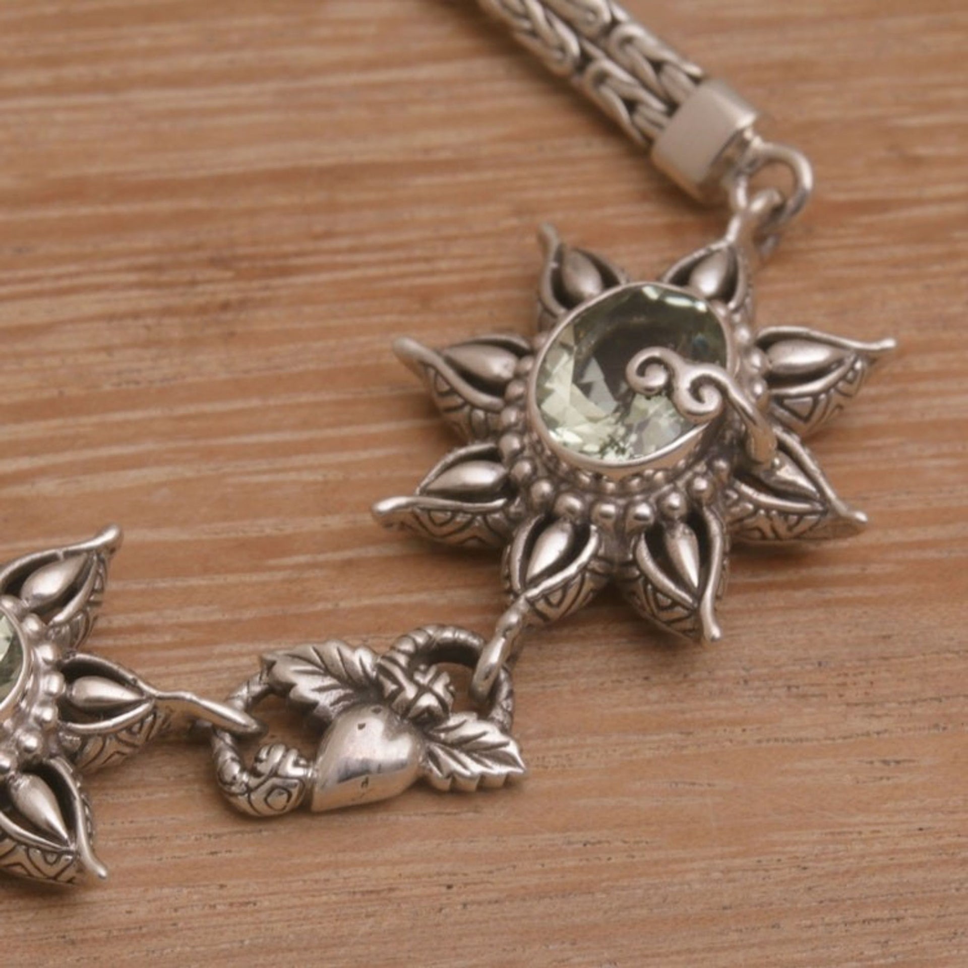 925 Sterling Silver Floral Green Prasiolite Link Bracelet 'Prasiolite Garden'