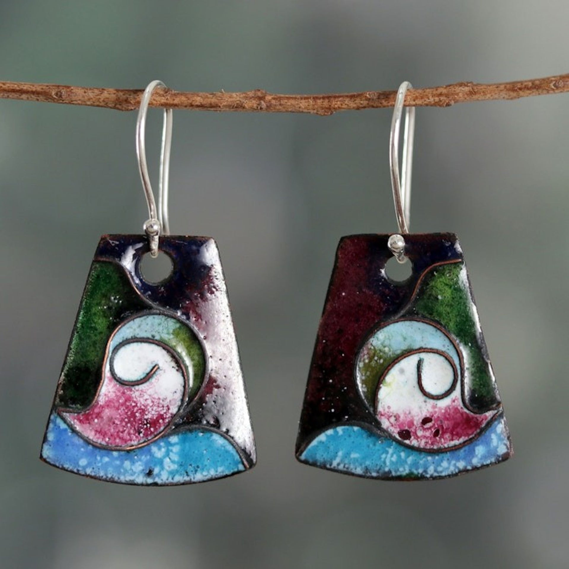 Geometric Paisley Copper Dangle Earrings Painted in India 'Paisley Chronicles'