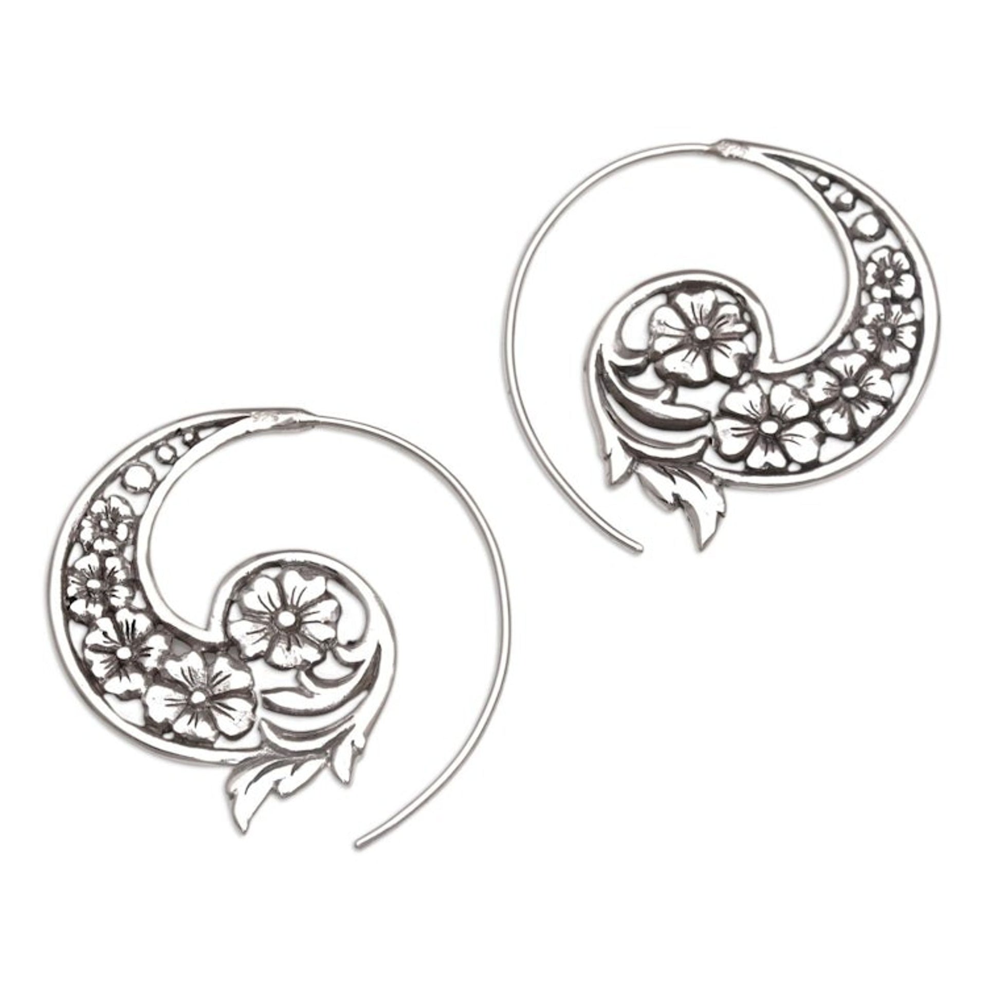 Handmade Sterling Silver Half Hoop Earrings from Indonesia 'Dazzling Flourish'