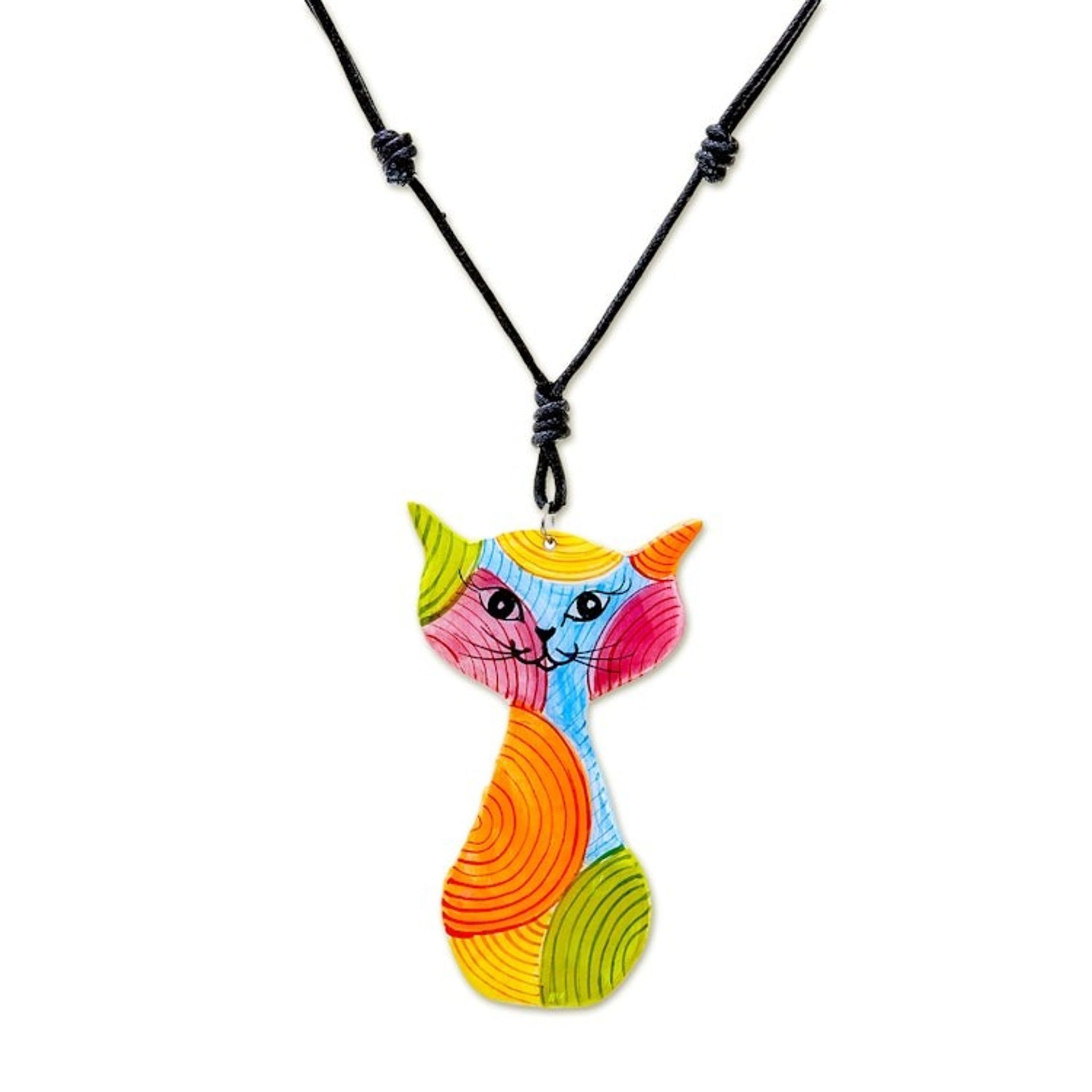Colorful Ceramic Cat Pendant Necklace from Thailand 'Rainbow Cat'