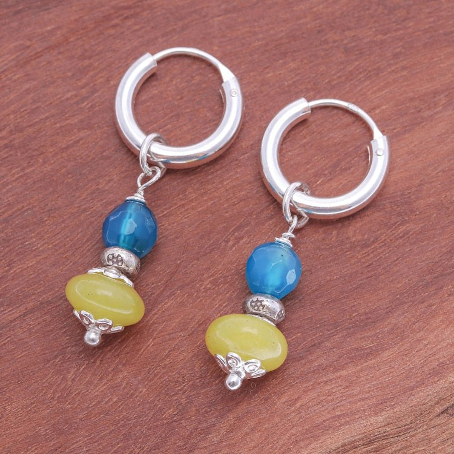 Sterling Silver Hoop Earrings with Agate Chalcedony Stones 'Fantastic Duo'