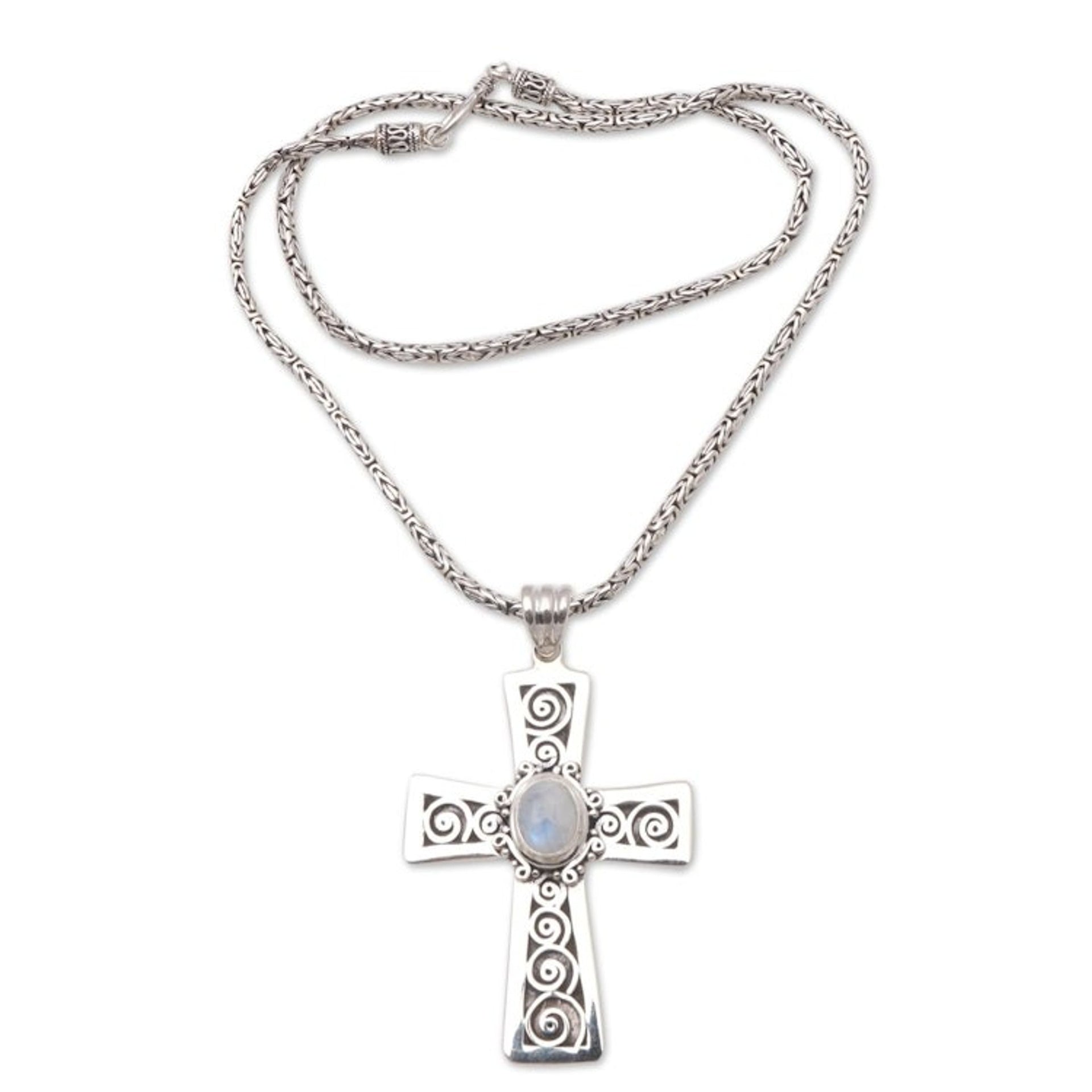 Rainbow Moonstone Cross Pendant Necklace from Bali 'Mesmerizing Faith'