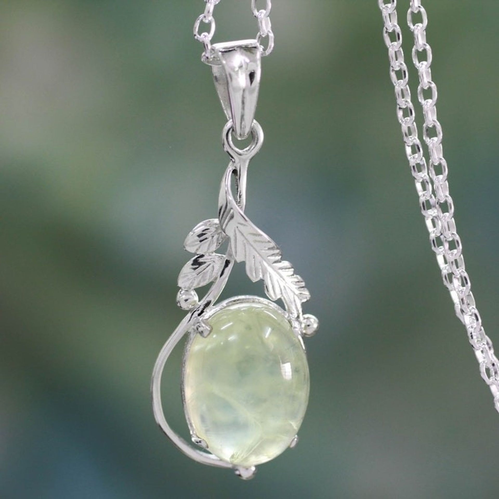 Sterling Silver Necklace with Prehnite Leafy Pendant 'Mystic Treasure'