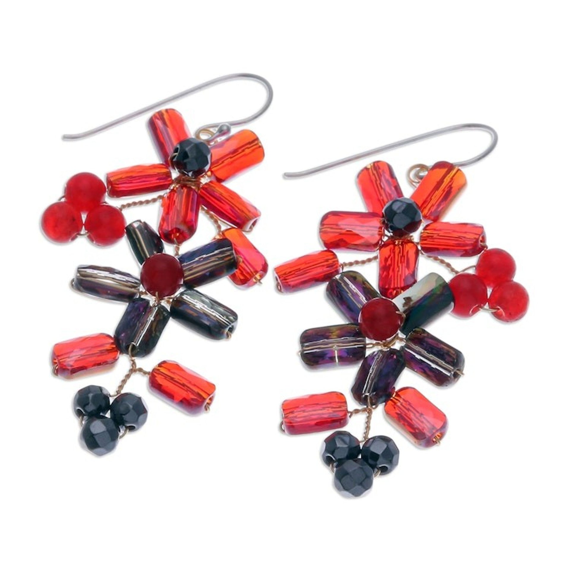 Thai-Made Floral Red Quartz and Glass Beaded Dangle Earrings 'Fire Spring'