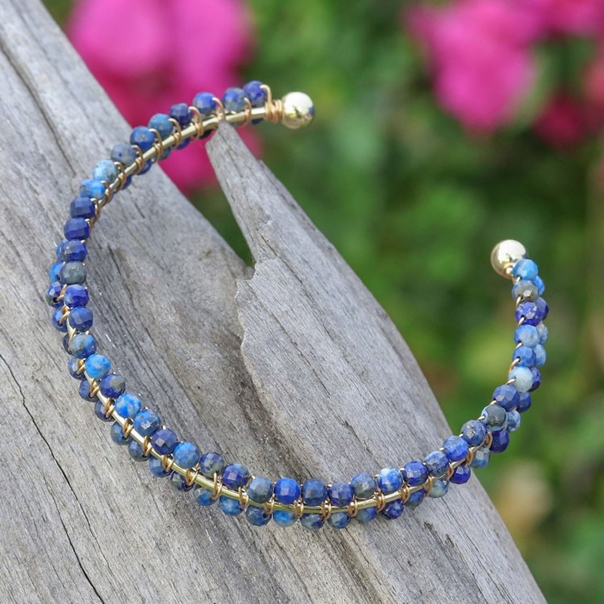 14k Gold-Accented Cuff Bracelet with Lapis Lazuli Beads 'Blue Lively Colors'