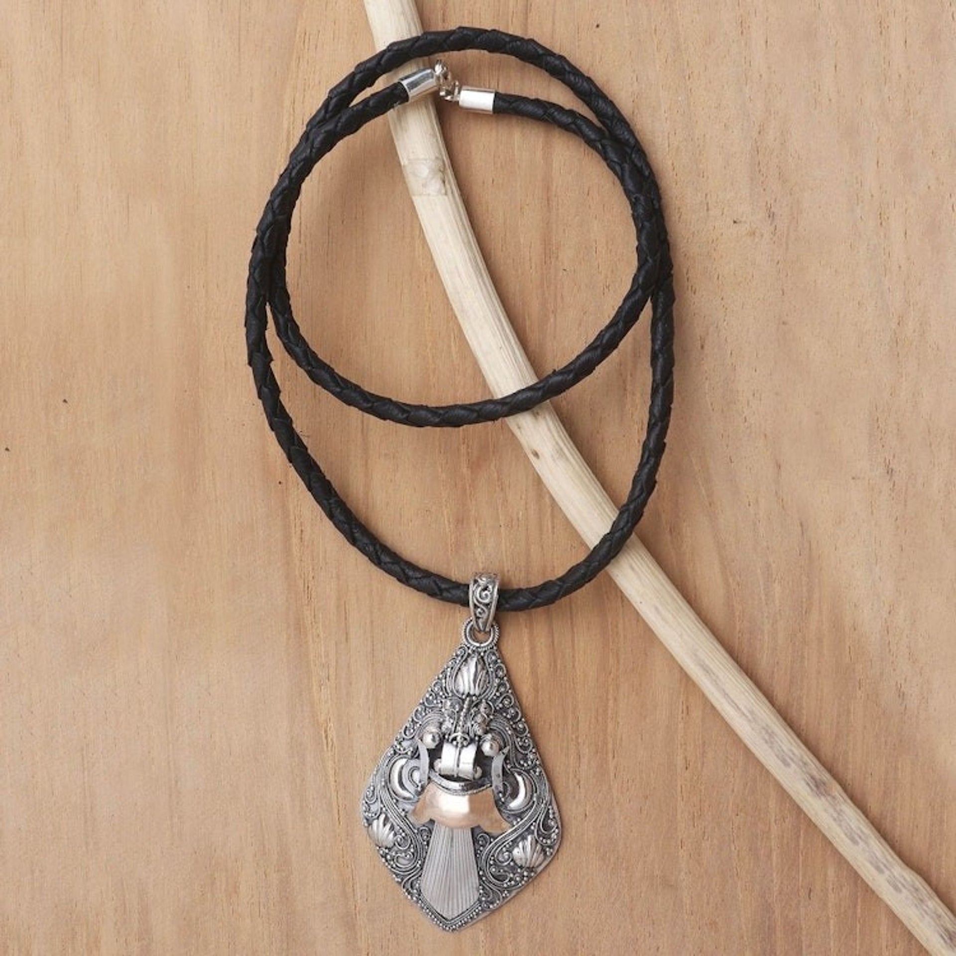 Hand Crafted Indonesian Silver and 18k Gold Necklace 'Bhoma Deity'