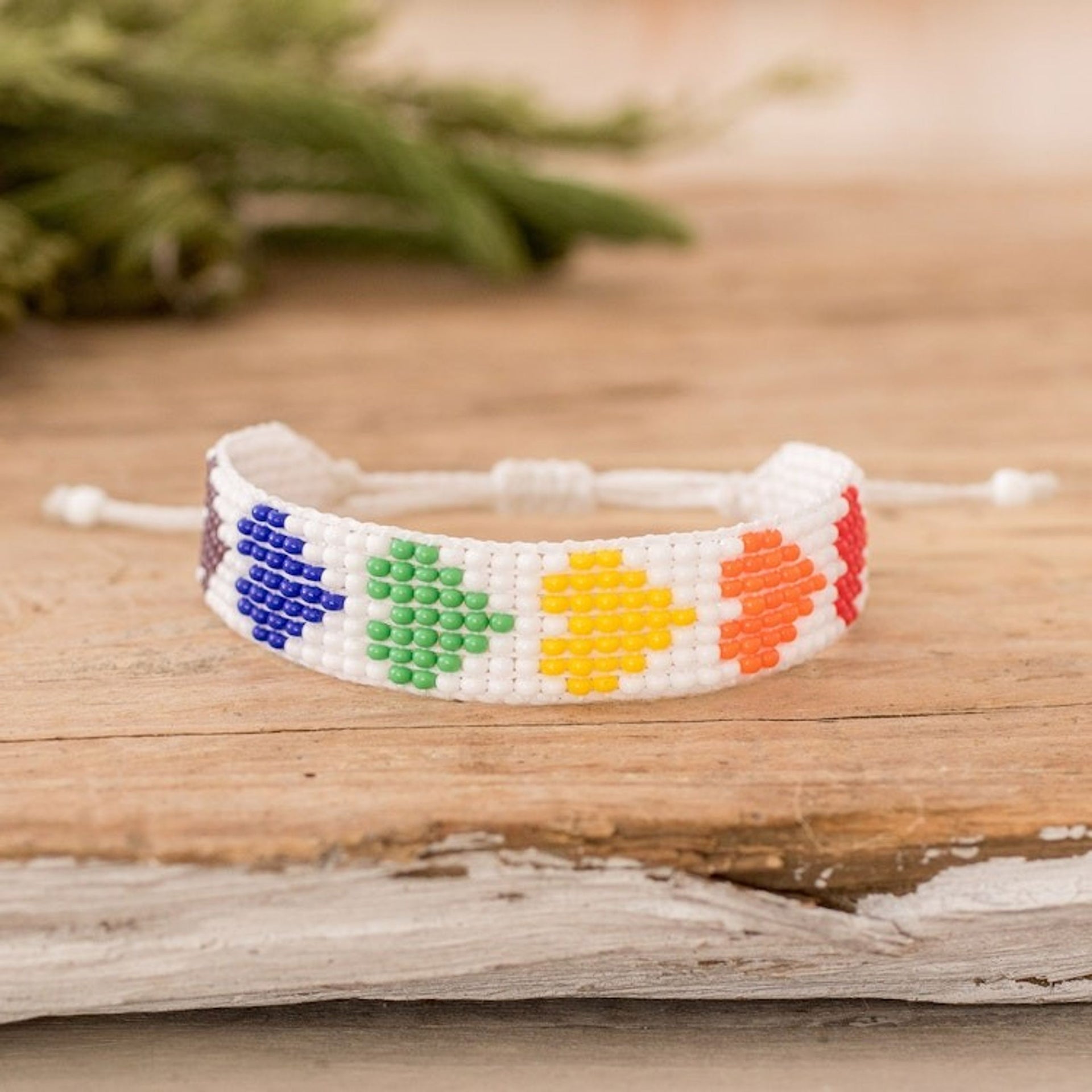 Rainbow-Toned Heart-Themed Glass Beaded Wristband Bracelet 'Rainbow Love'