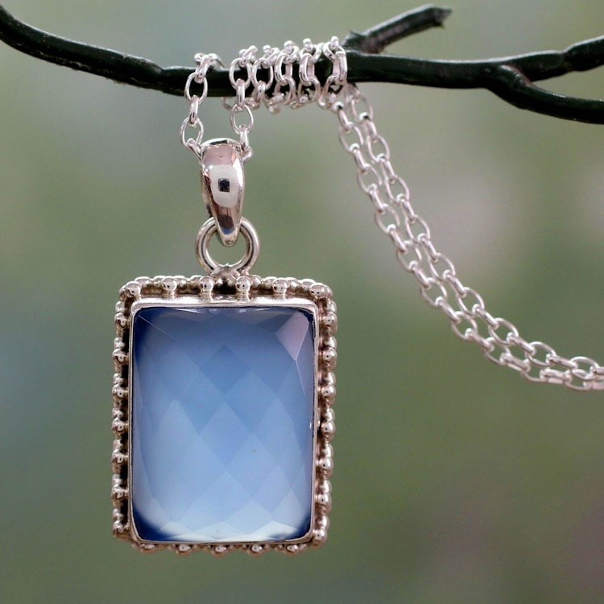 Sterling Silver Necklace from India with Blue Chalcedony Gem 'Good Will Spirit'