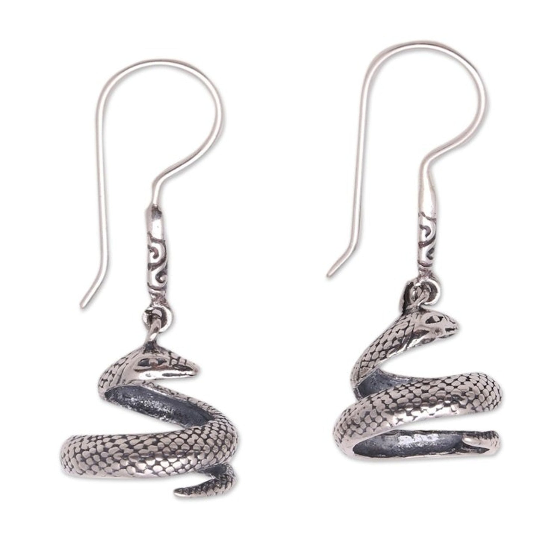 Sterling Silver Snake Dangle Earrings Crafted in Bali 'Protective Cobras'