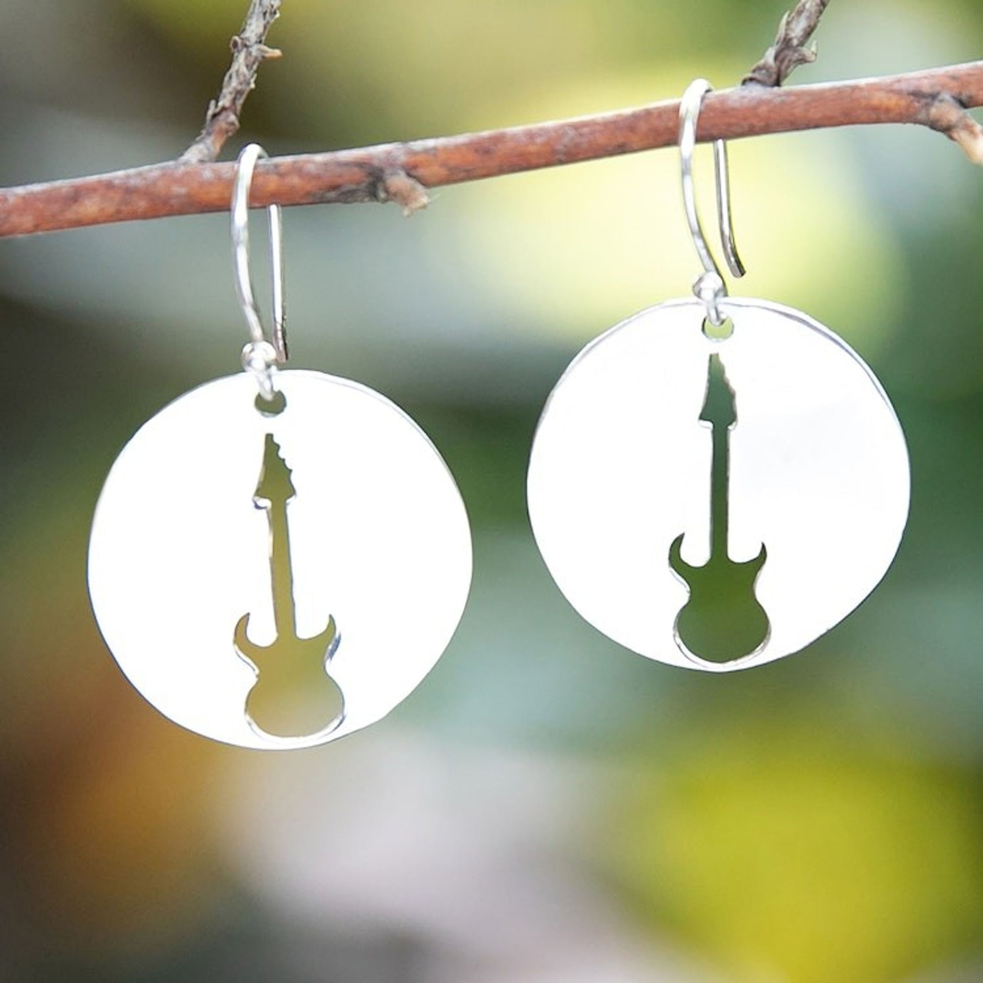 Guitar-Themed Round Sterling Silver Dangle Earrings 'Your Melody'