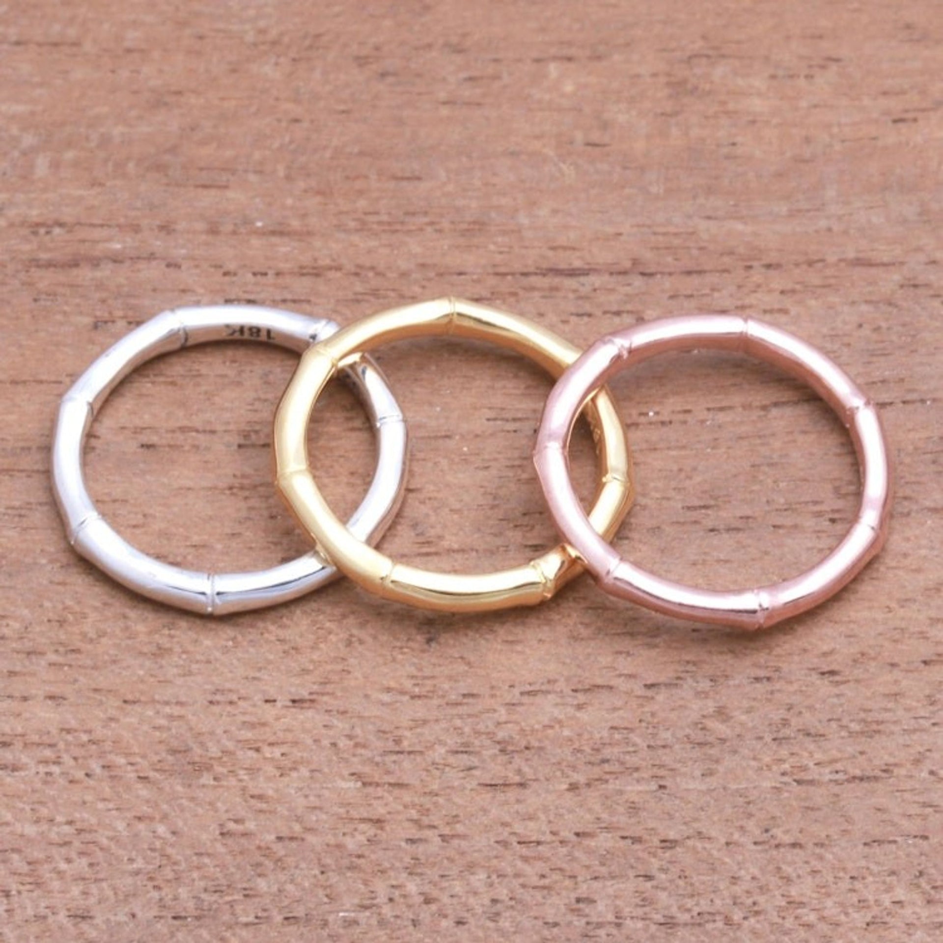 3 Bamboo Motif Rings in Silver, Gold and Rose Gold 'Bamboo Trio'