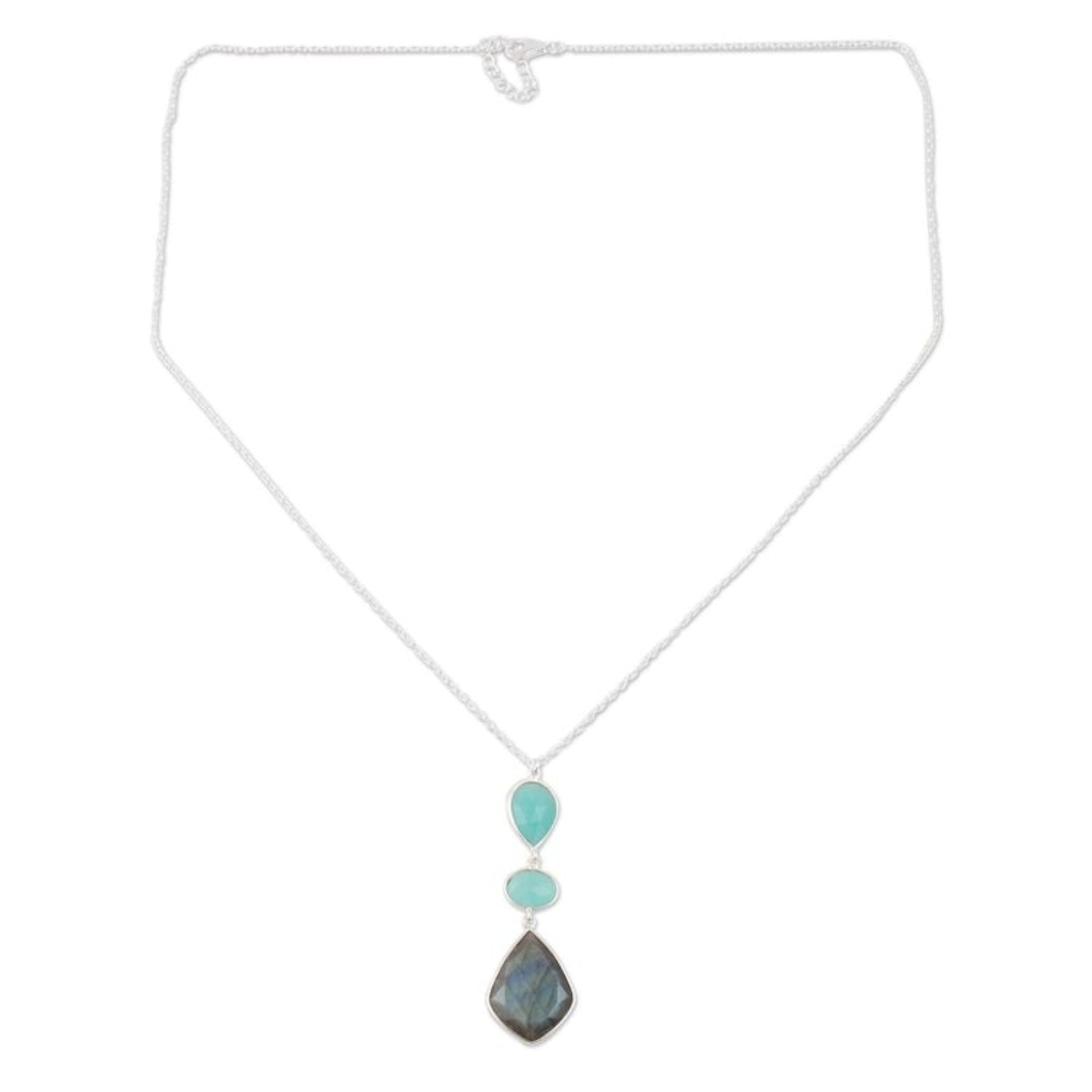 Labradorite and Chalcedony Pendant Necklace from India 'Aurora Combination'