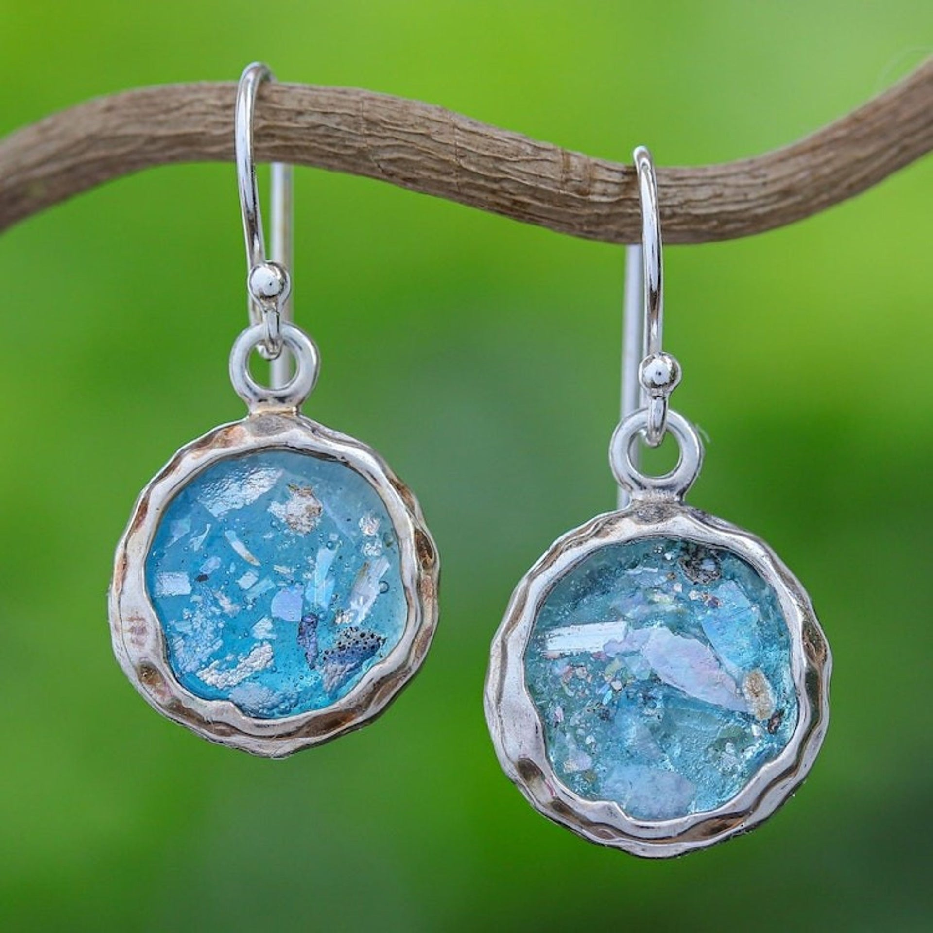 Handcrafted Roman Glass Dangle Earrings from Thailand 'Roman Mirrors'