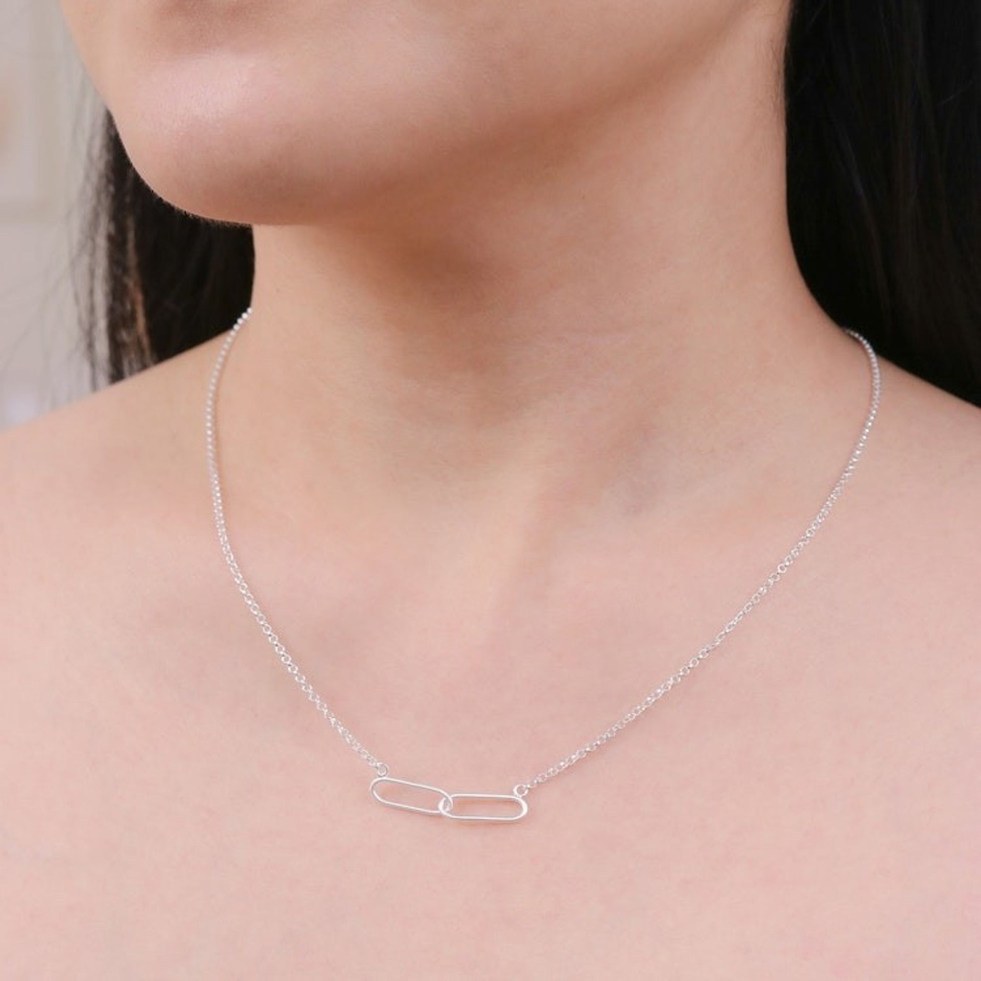 Paper Clip-Themed Modern Sterling Silver Pendant Necklace 'Linked Look'