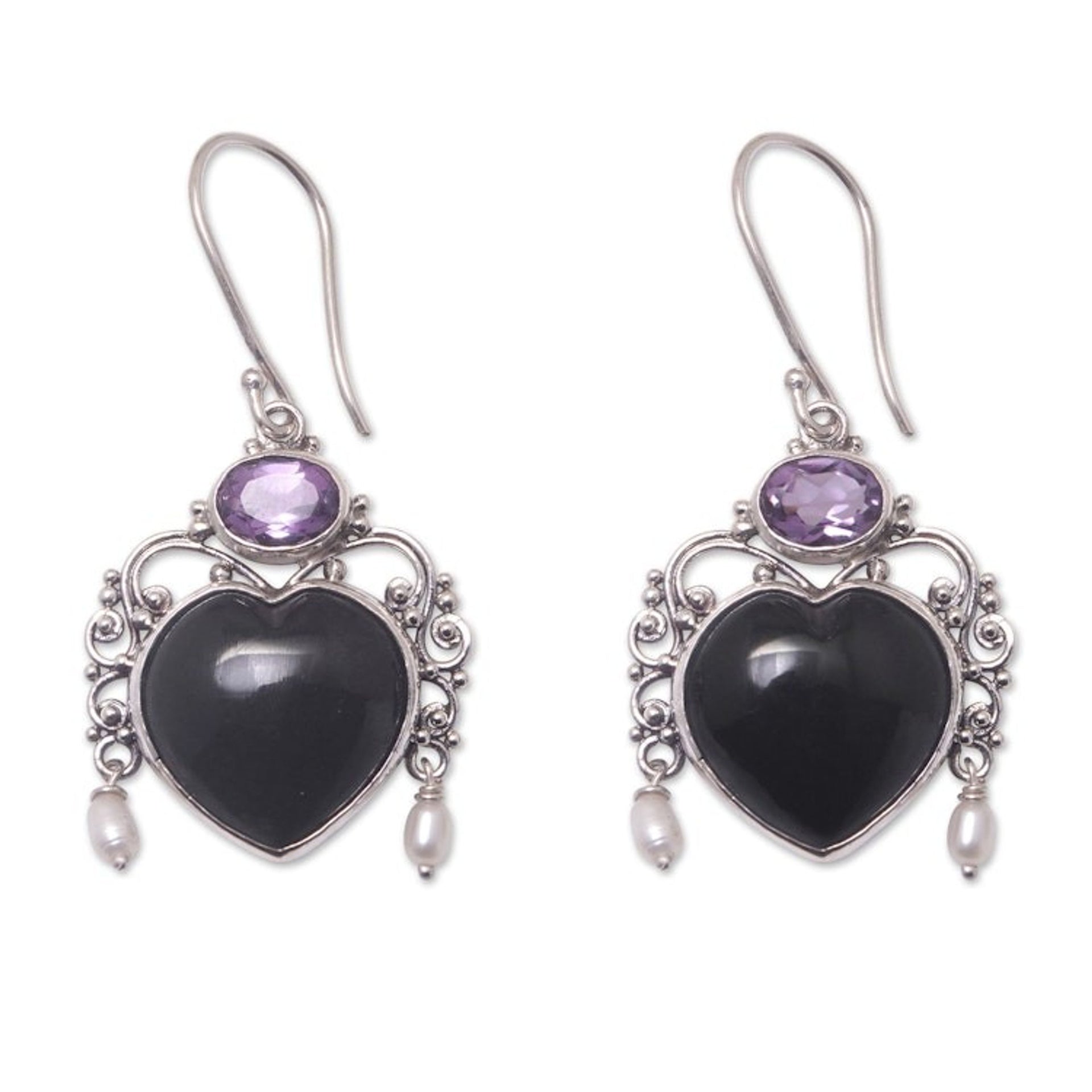 Amethyst and Cultured Pearl Heart Dangle Earrings from Bali 'Love Like Midnight'