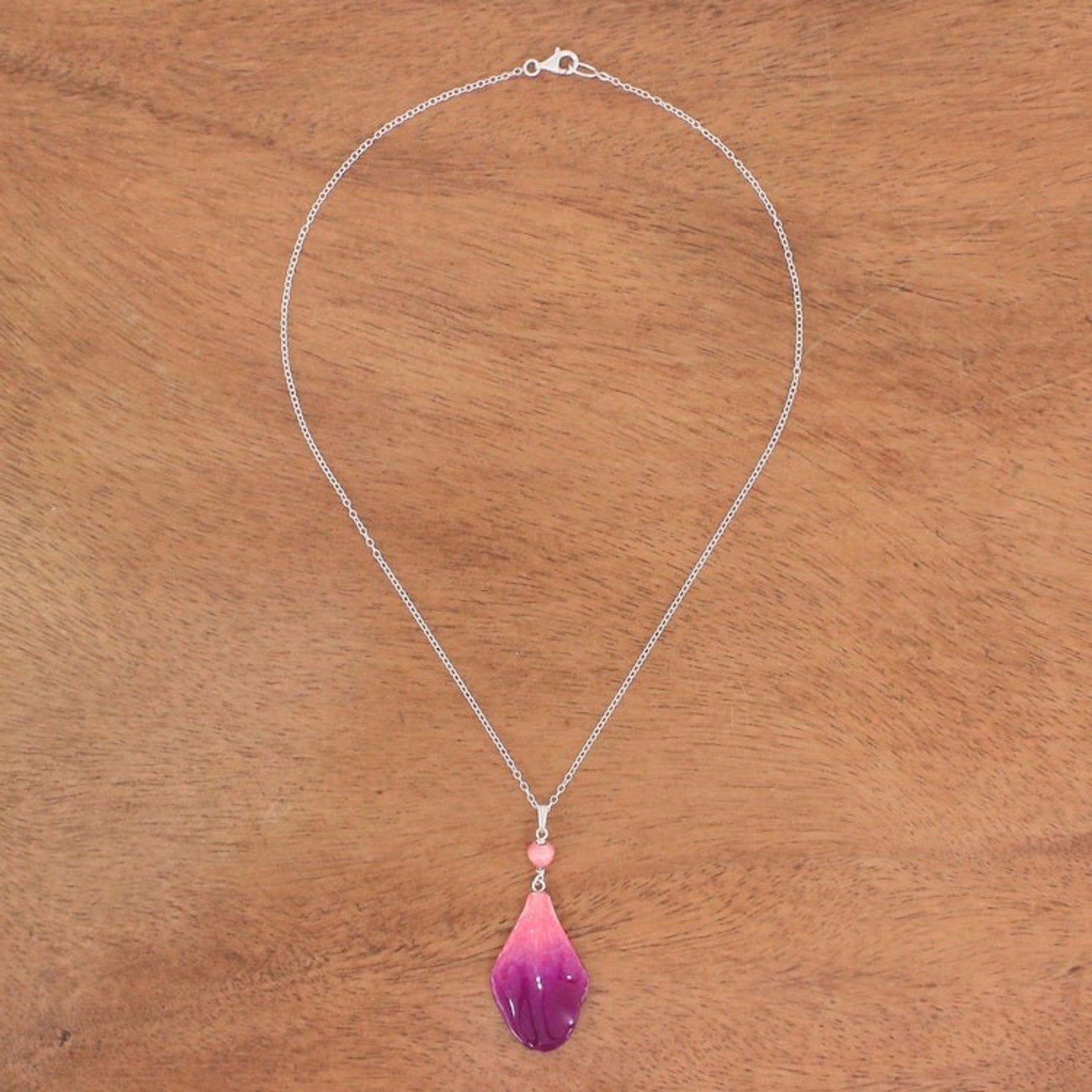 Resin-Coated Orchid Petal Pendant Necklace 'Bloom Basket in Fuchsia'