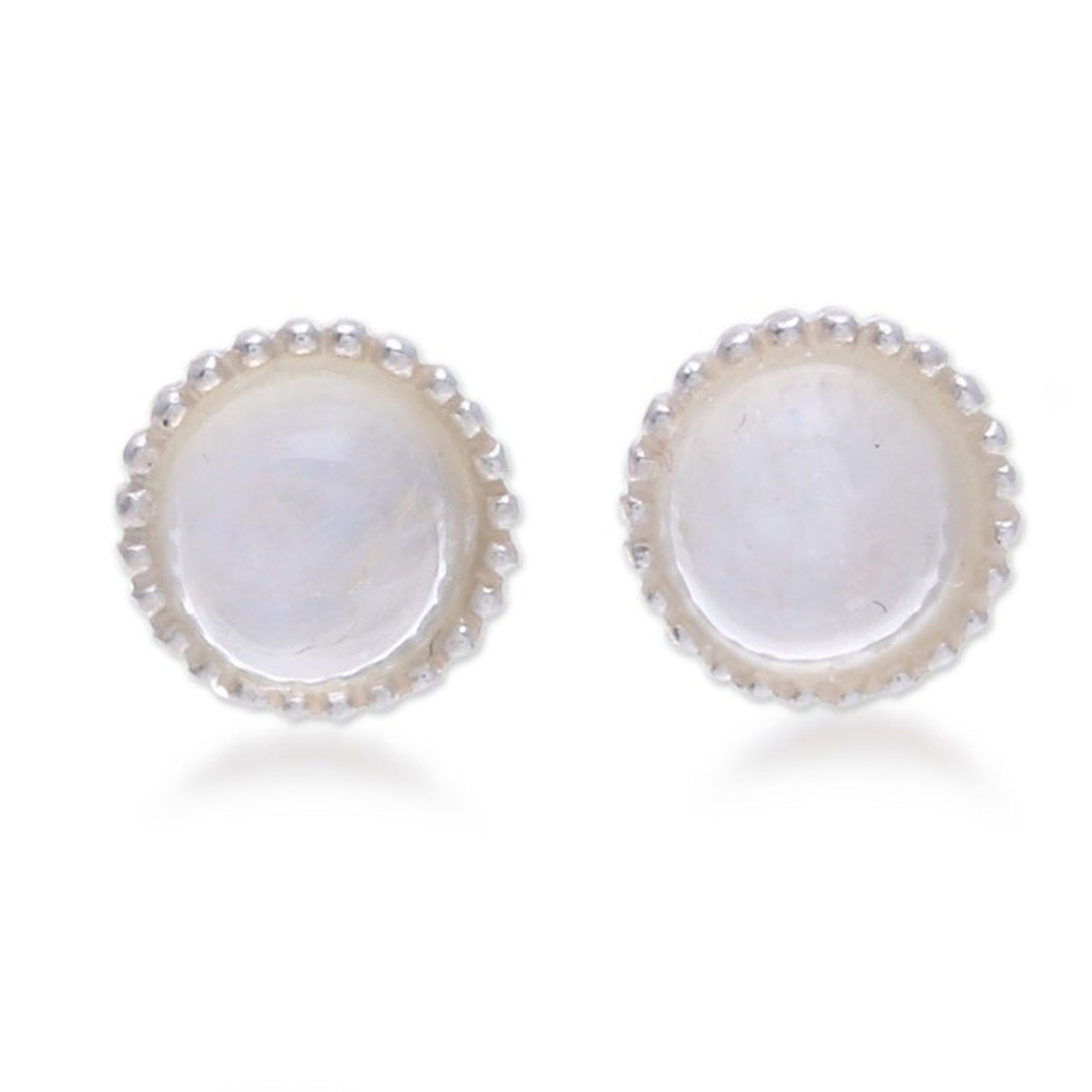 Silver Stud Earrings with Natural Rainbow Moonstone Gems 'Luminous Flair'
