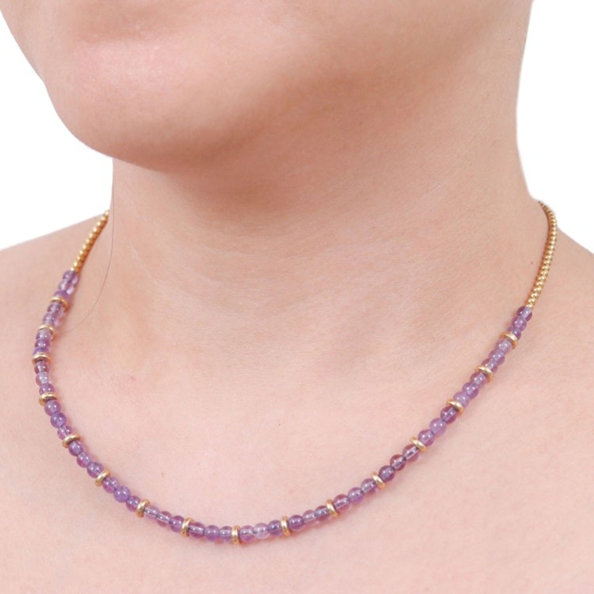 Handcrafted Amethyst and Brass Beaded Necklace from Thailand 'Wise Orbs'