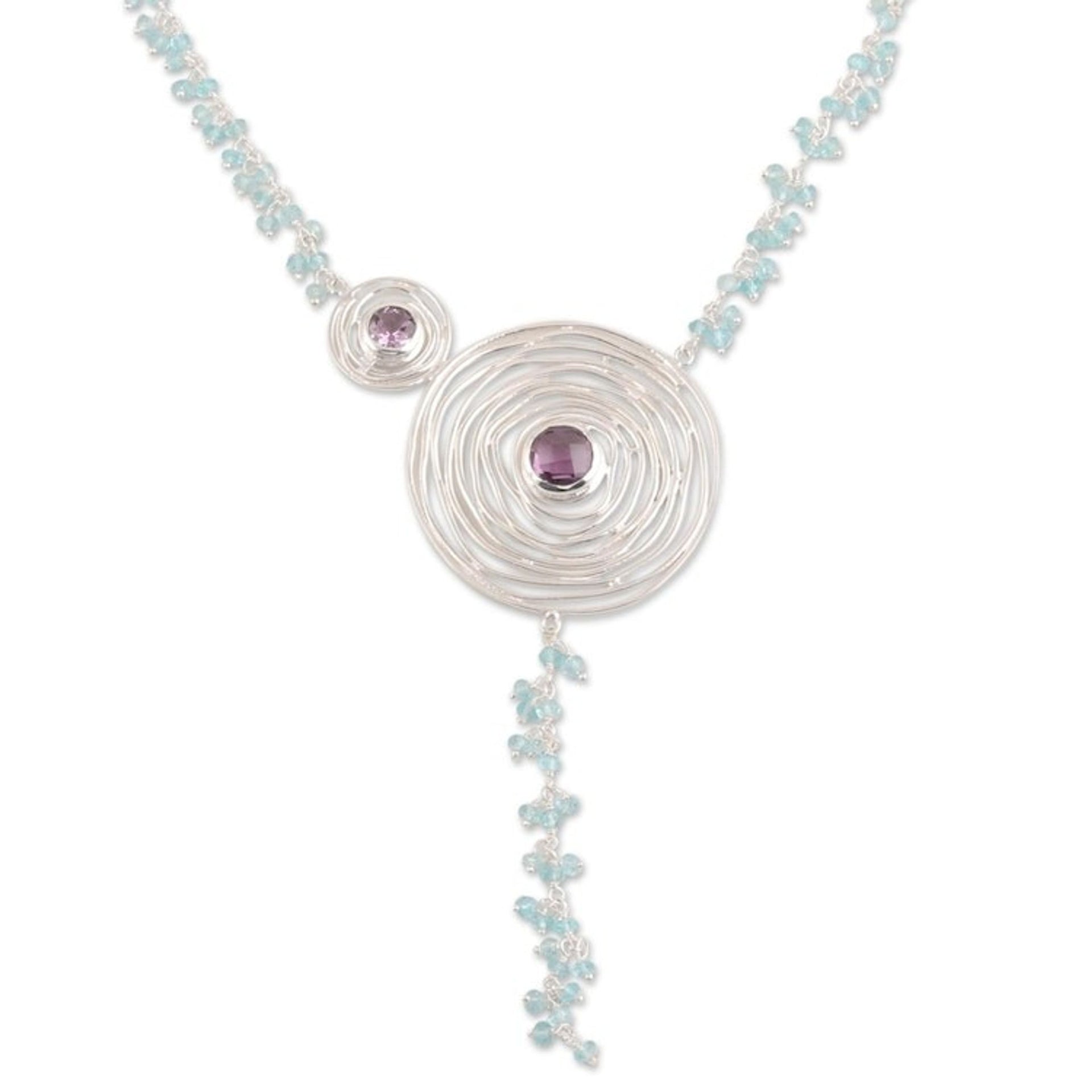 Spiral-Shaped Amethyst and Chalcedony Pendant Necklace 'Glittering Spirals'