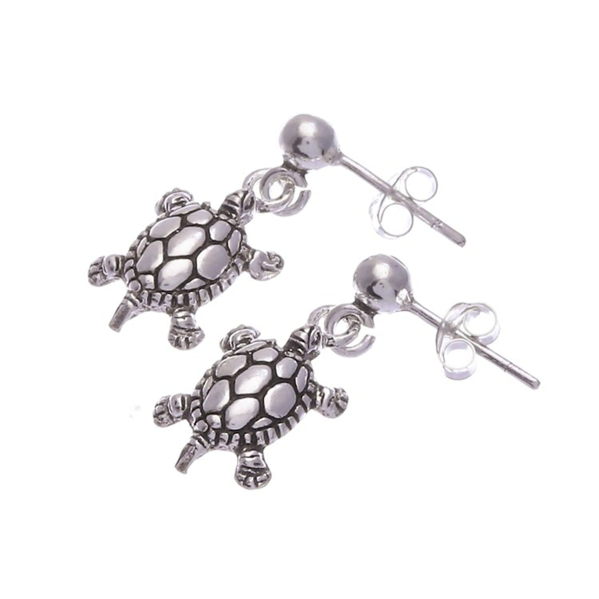 Sterling Silver Turtle Dangle Earrings with Oxidized Finish 'Traditional Shells'