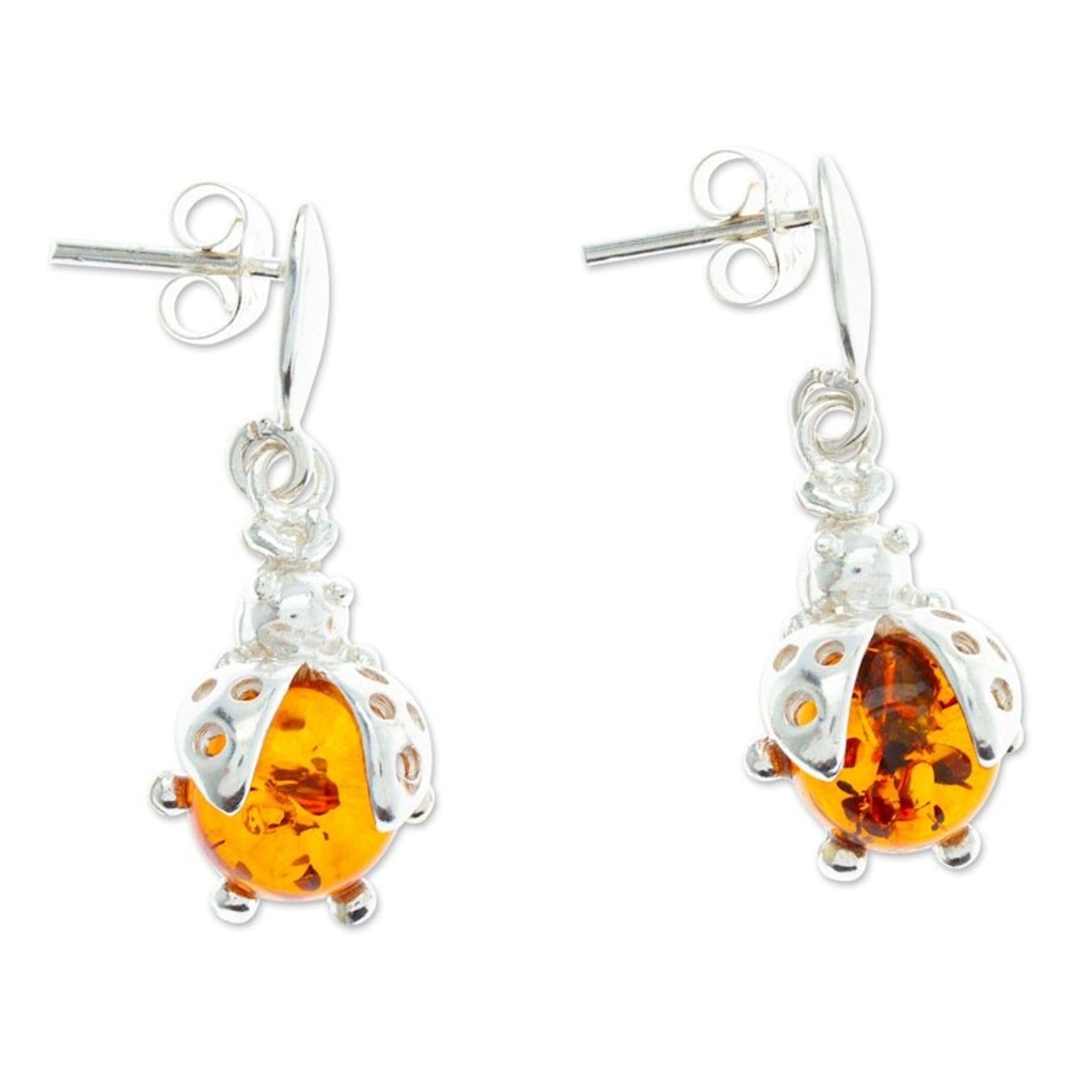 925 Sterling Silver and Amber Ladybug Dangle Earrings 'Sweet Ladybug'