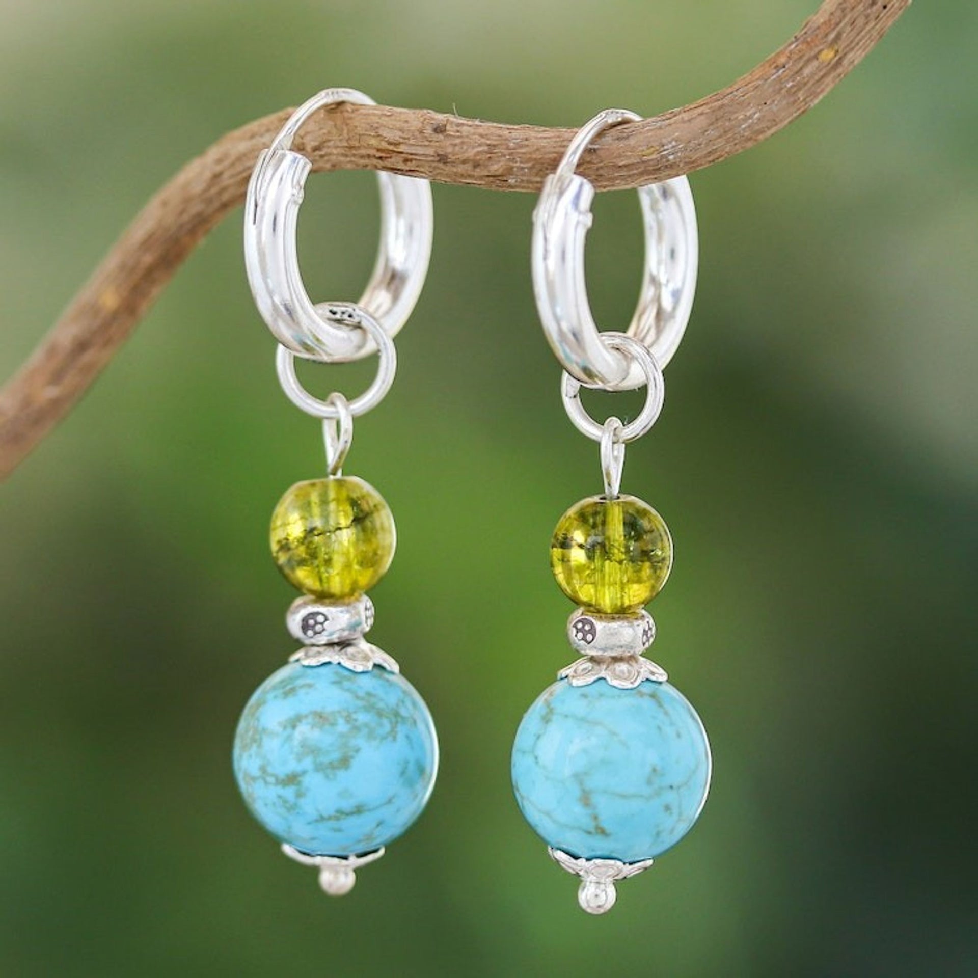 Silver Hoop Earrings with Reconstituted Turquoise Quartz 'Chic Duo'