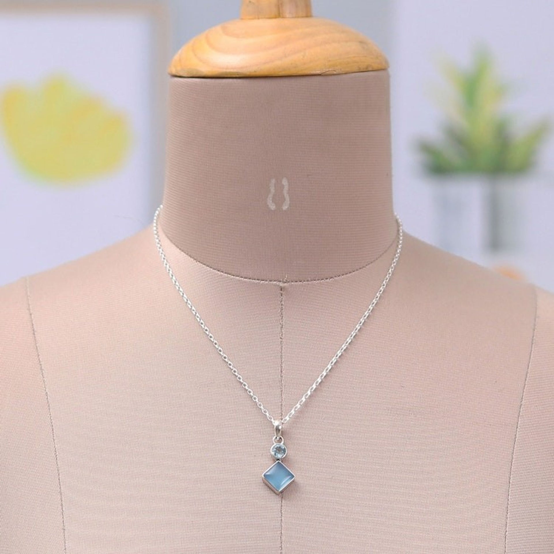 Blue-Toned Chalcedony and Blue Topaz Pendant Necklace 'Diamond Portal'