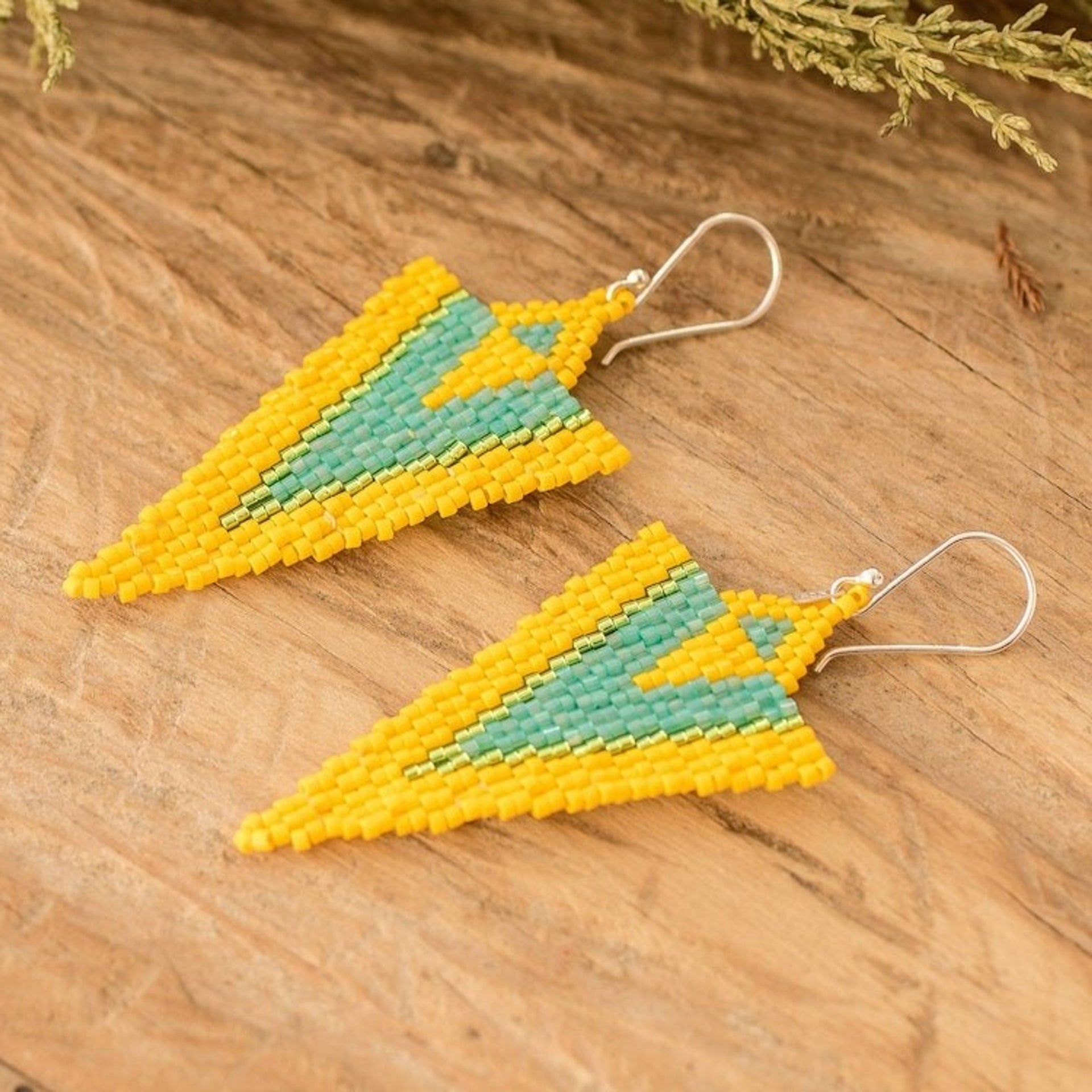 Handcrafted Triangular Yellow and Aqua Dangle Earrings 'Yellow Aqua Directions'