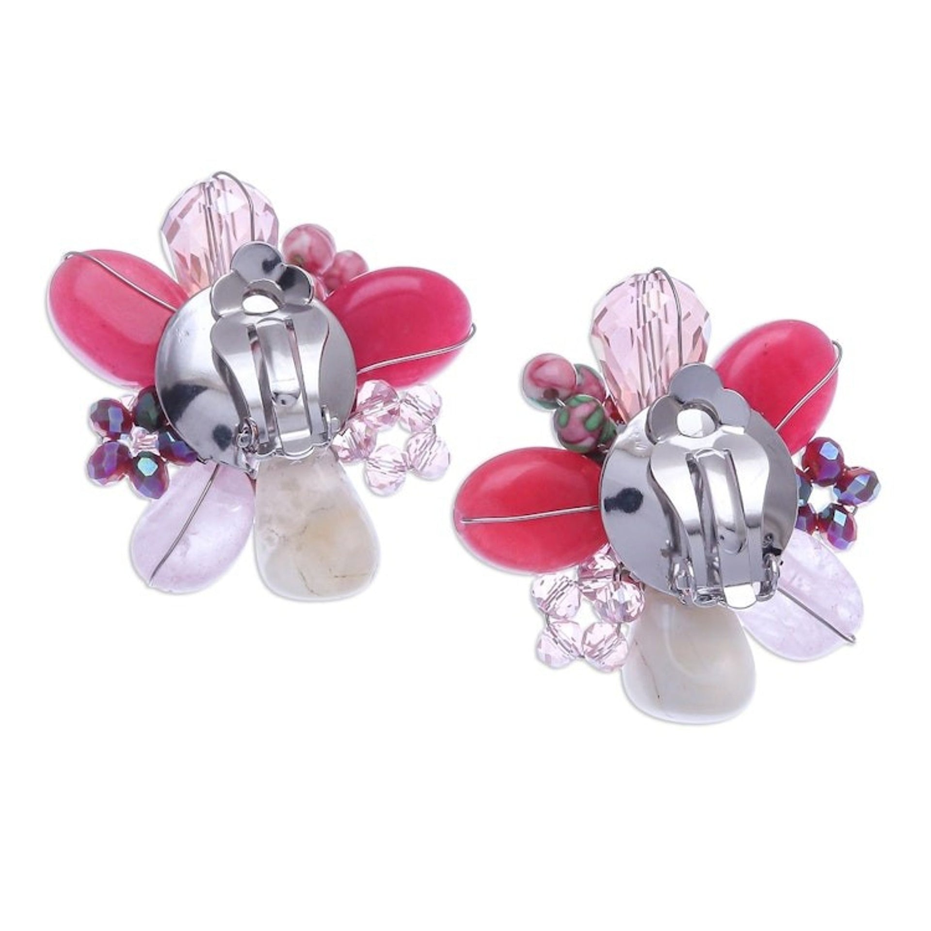 Agate and Rose Quartz Cluster Clip-On Earrings 'Solaris in Pink'