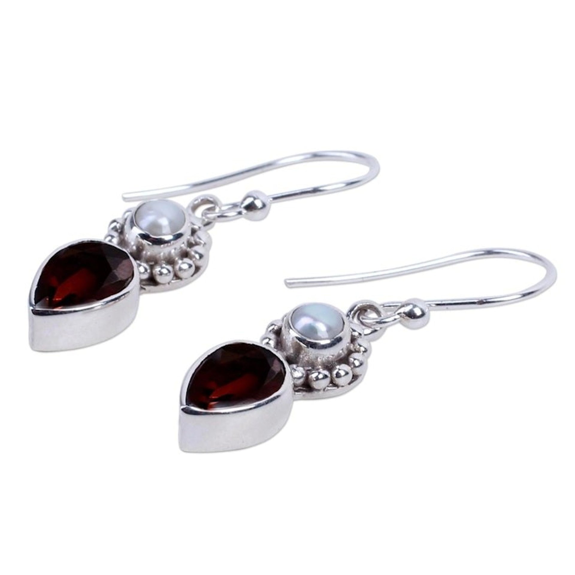 Silver Cultured Pearl Earrings with Garnet from India 'Scarlet Tear'