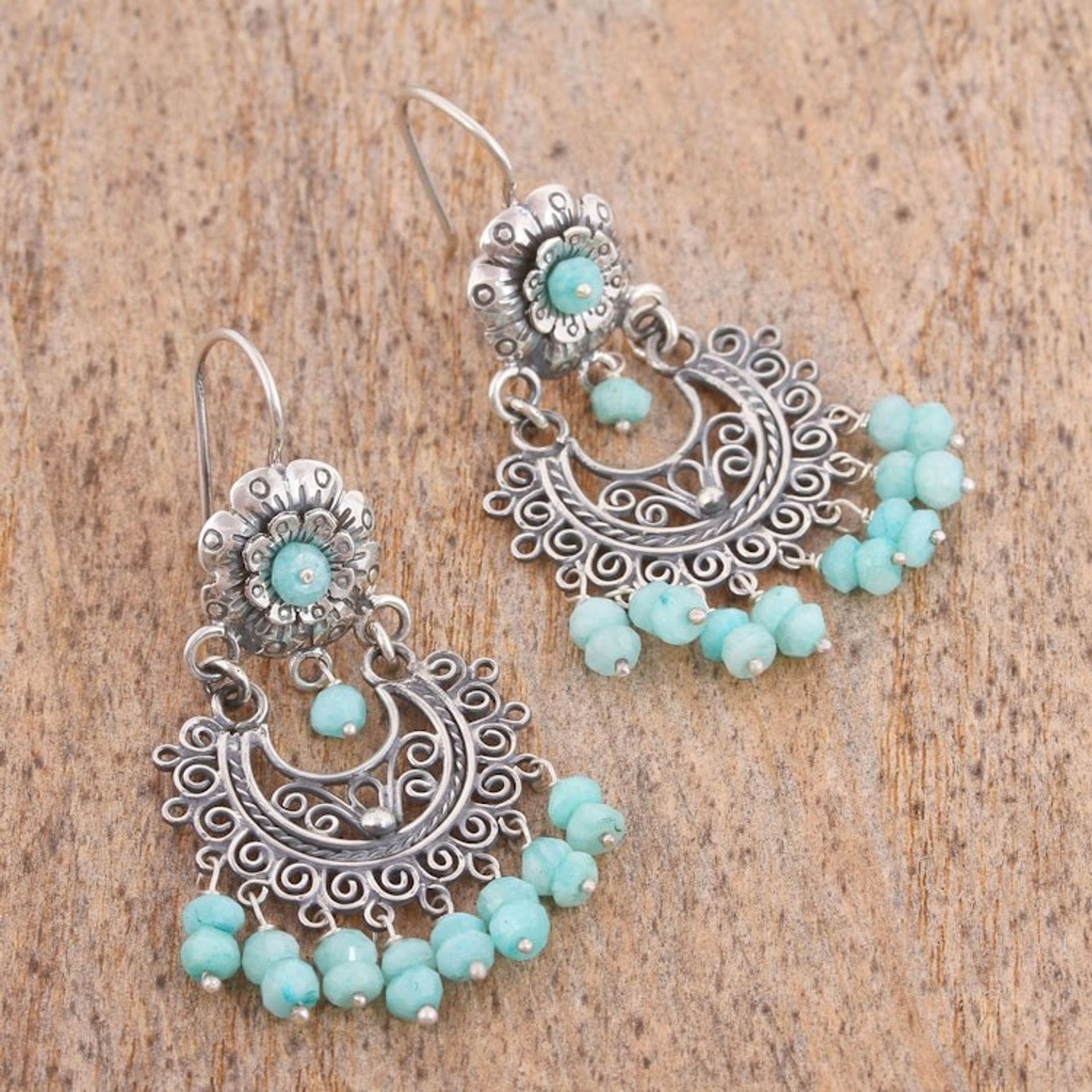 Floral Amazonite Chandelier Earrings from Mexico 'Blooming Elegance'