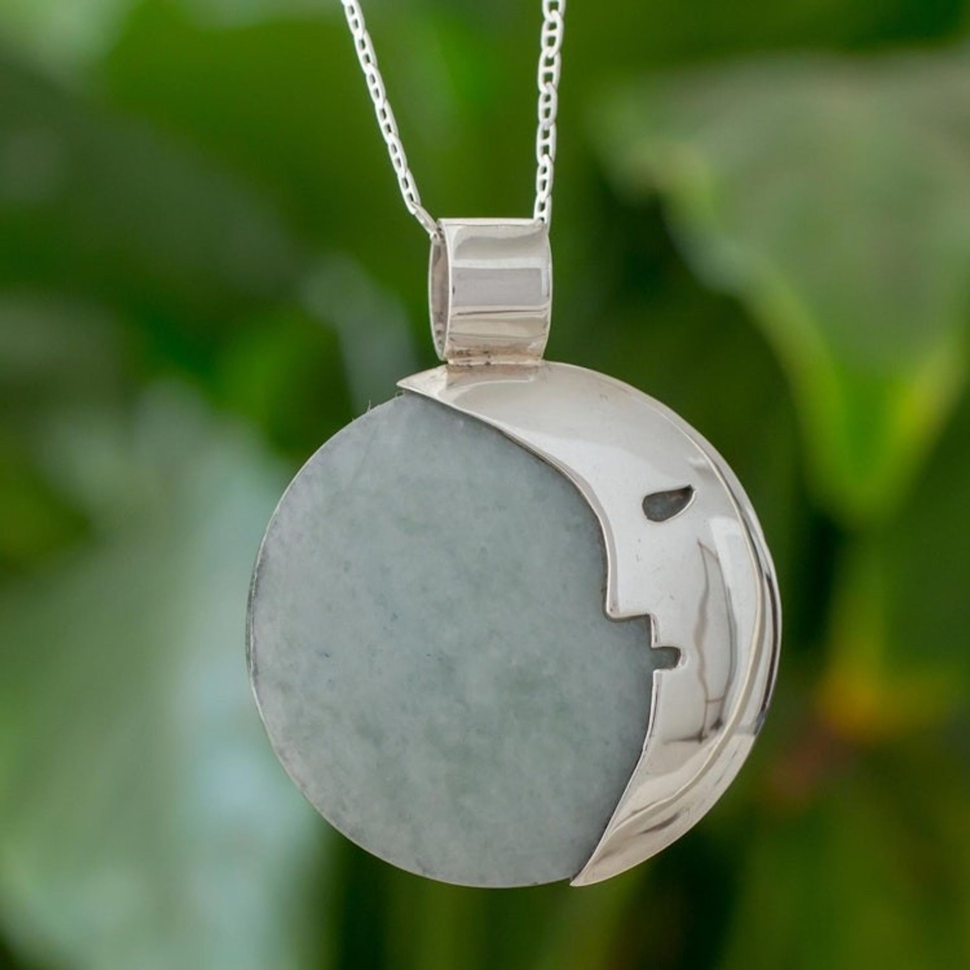 Guatemalan Jade Crescent Moon Pendant Necklace 'Face of the Moon in Dark Green'