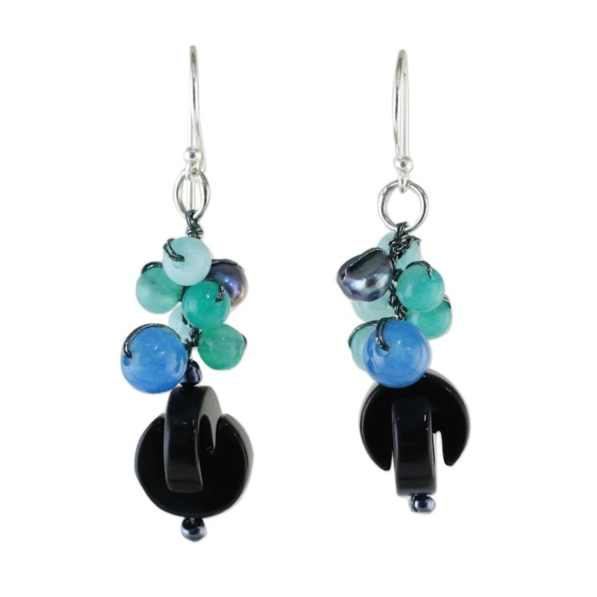 Onyx Multi-Gemstone Dangle Earrings from Thailand 'Tidal Wave in Blue'