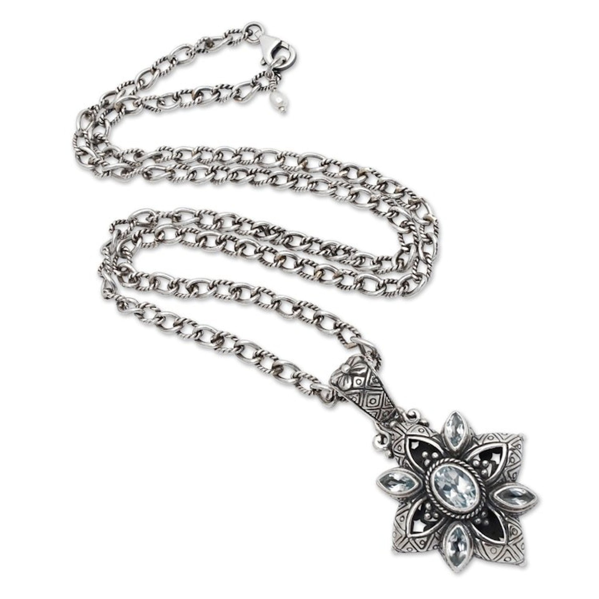Floral Sterling Silver Necklace with Blue Topaz 2.5 cts 'Jasmine Shield'
