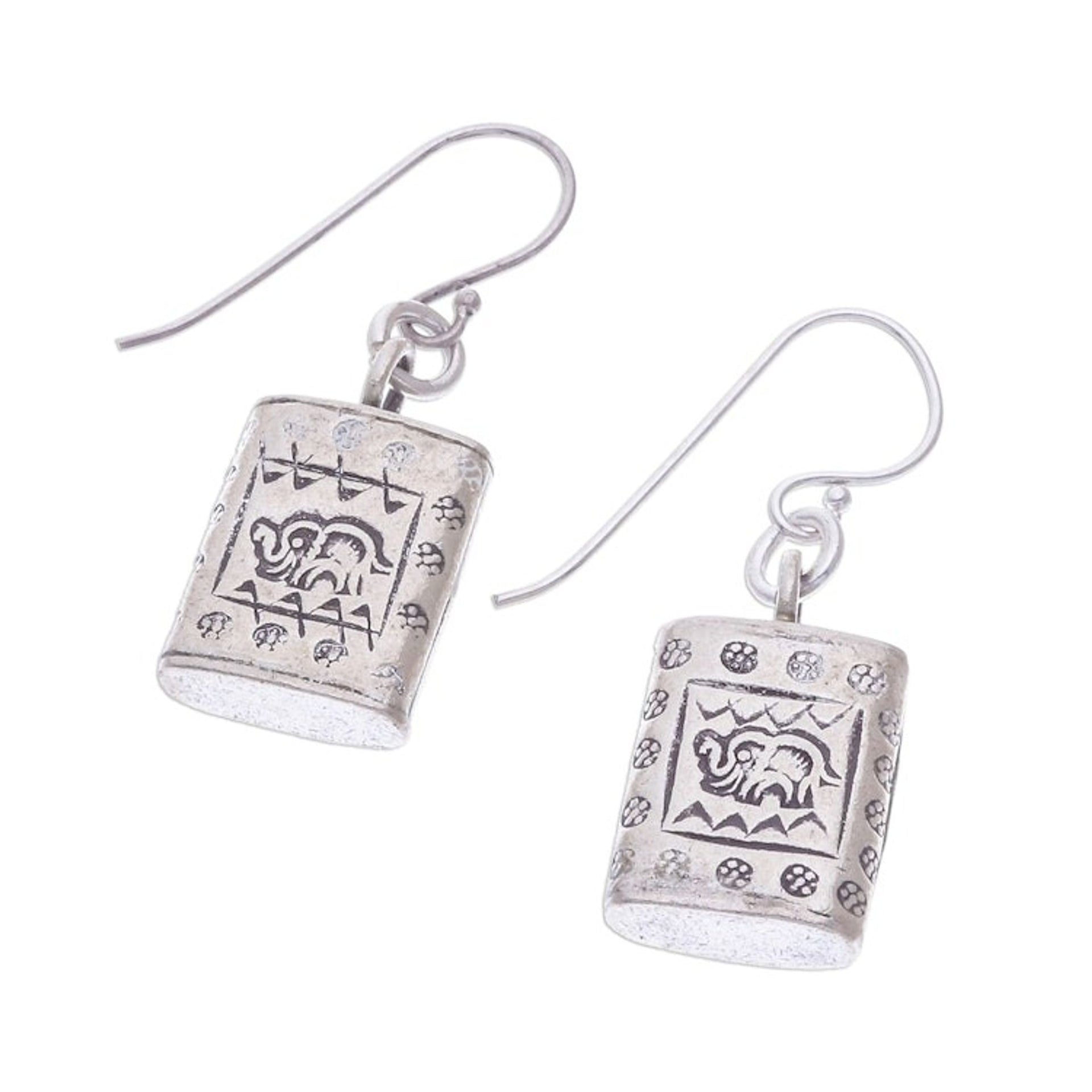 Karen Hill Tribe Silver Elephant Motif Block Dangle Earrings 'Honored Elephant'