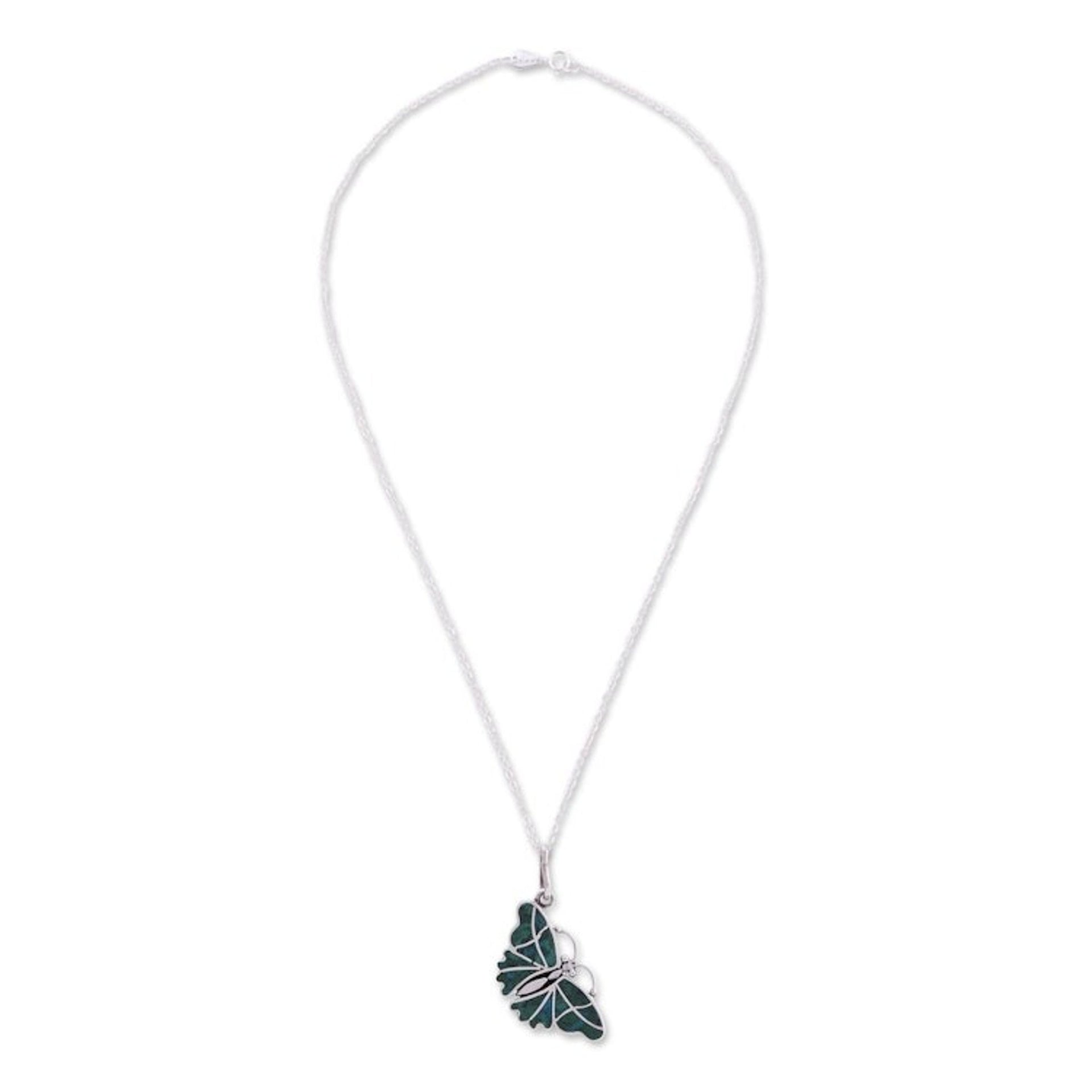 Fair Trade Chrysocolla and Silver Butterfly Pendant Necklace 'Cajamarca Butterfly'