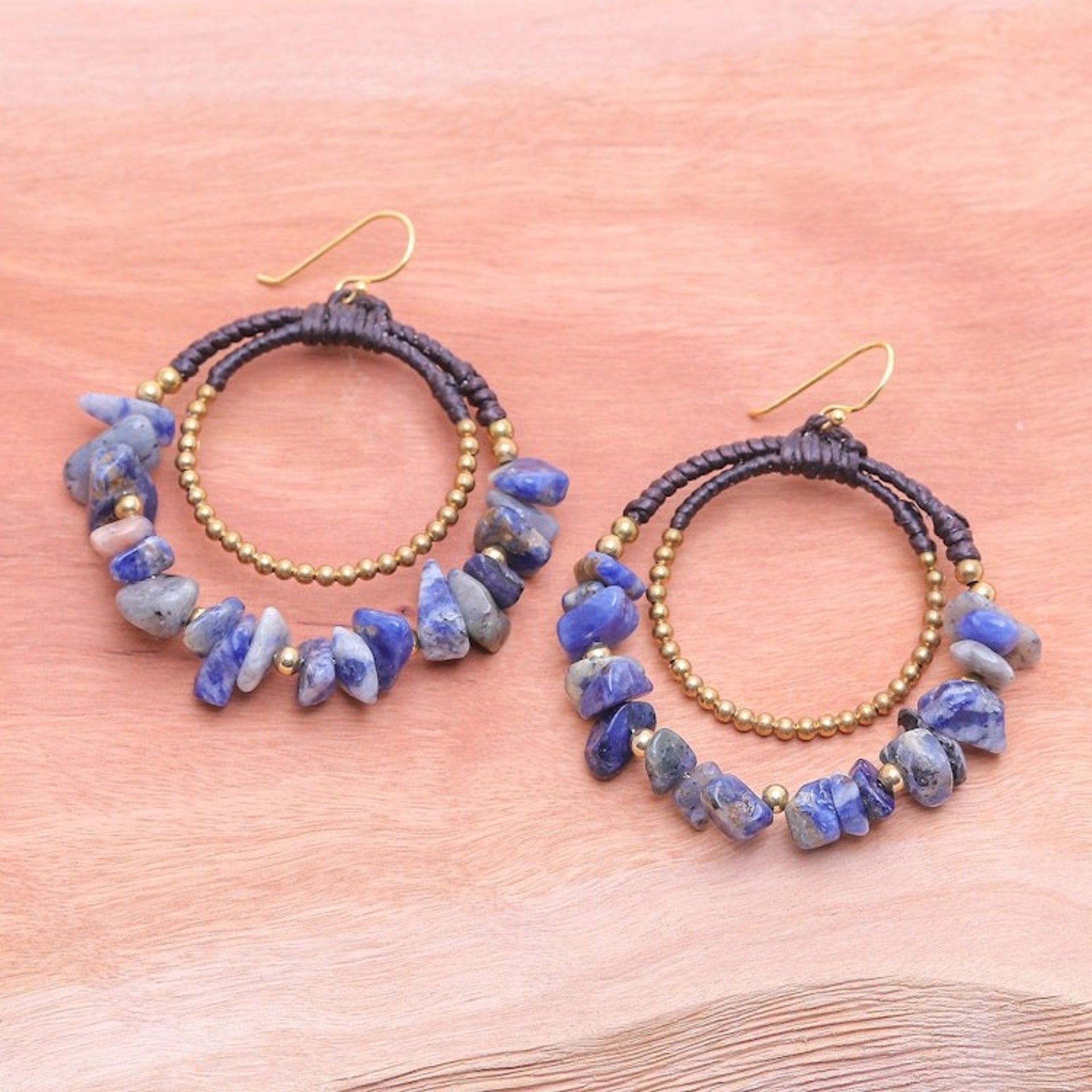 Polished Brass and Sodalite Beaded Dangle Earrings 'True Goddess'