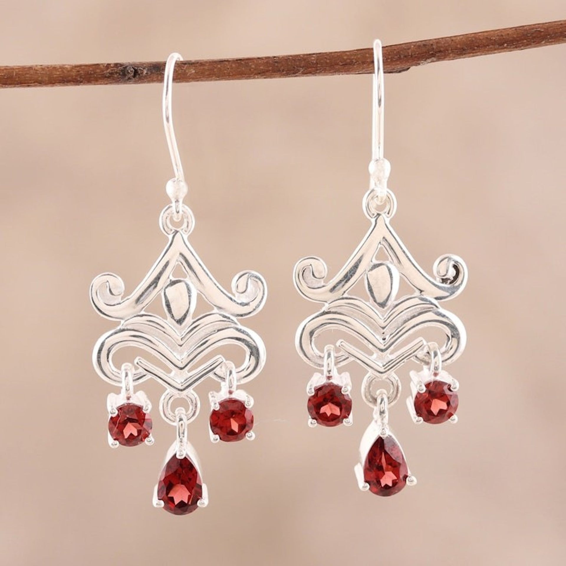 2-Carat Garnet Dangle Earrings from India 'Glimmering Dance'